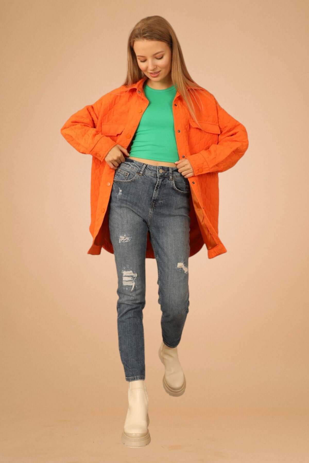 Quilted Oversize Shirt - Orange