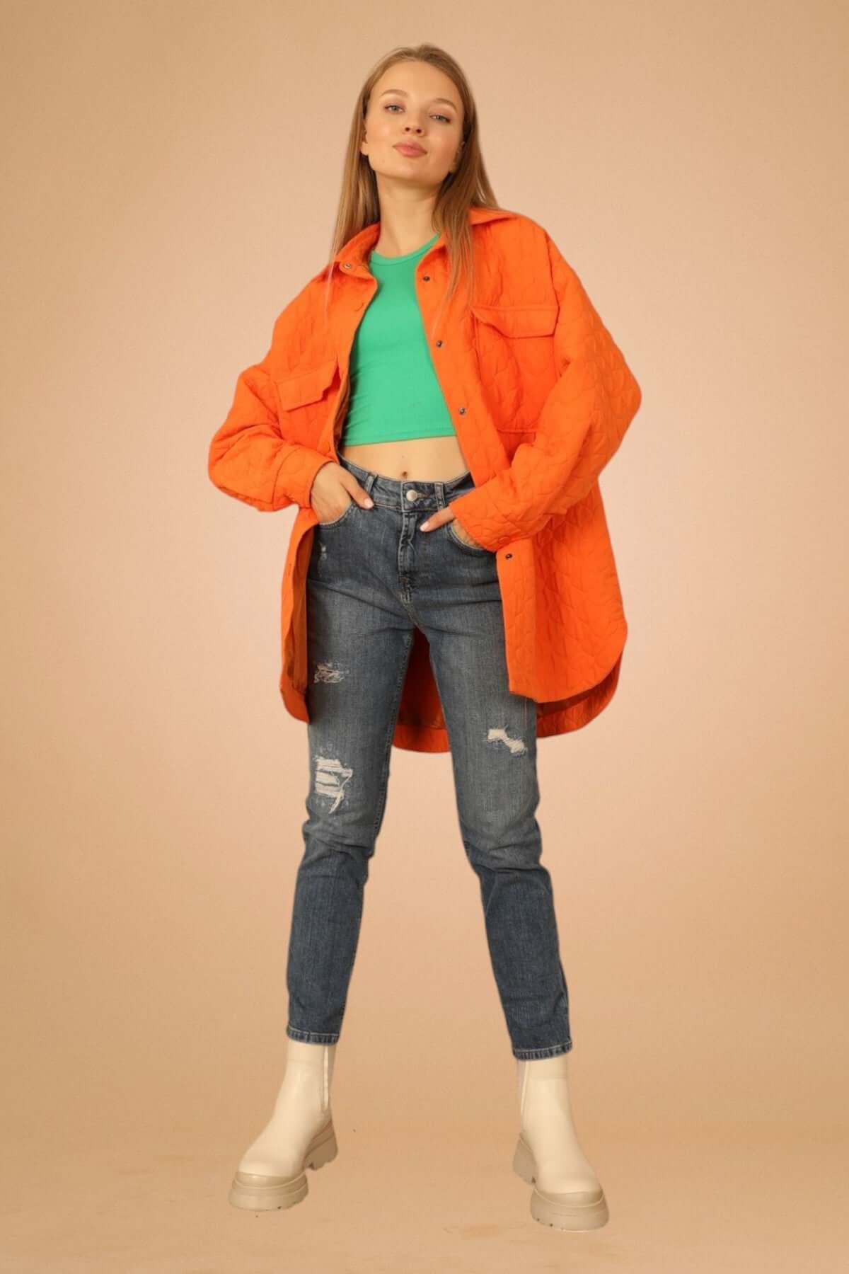 Quilted Oversize Shirt - Orange