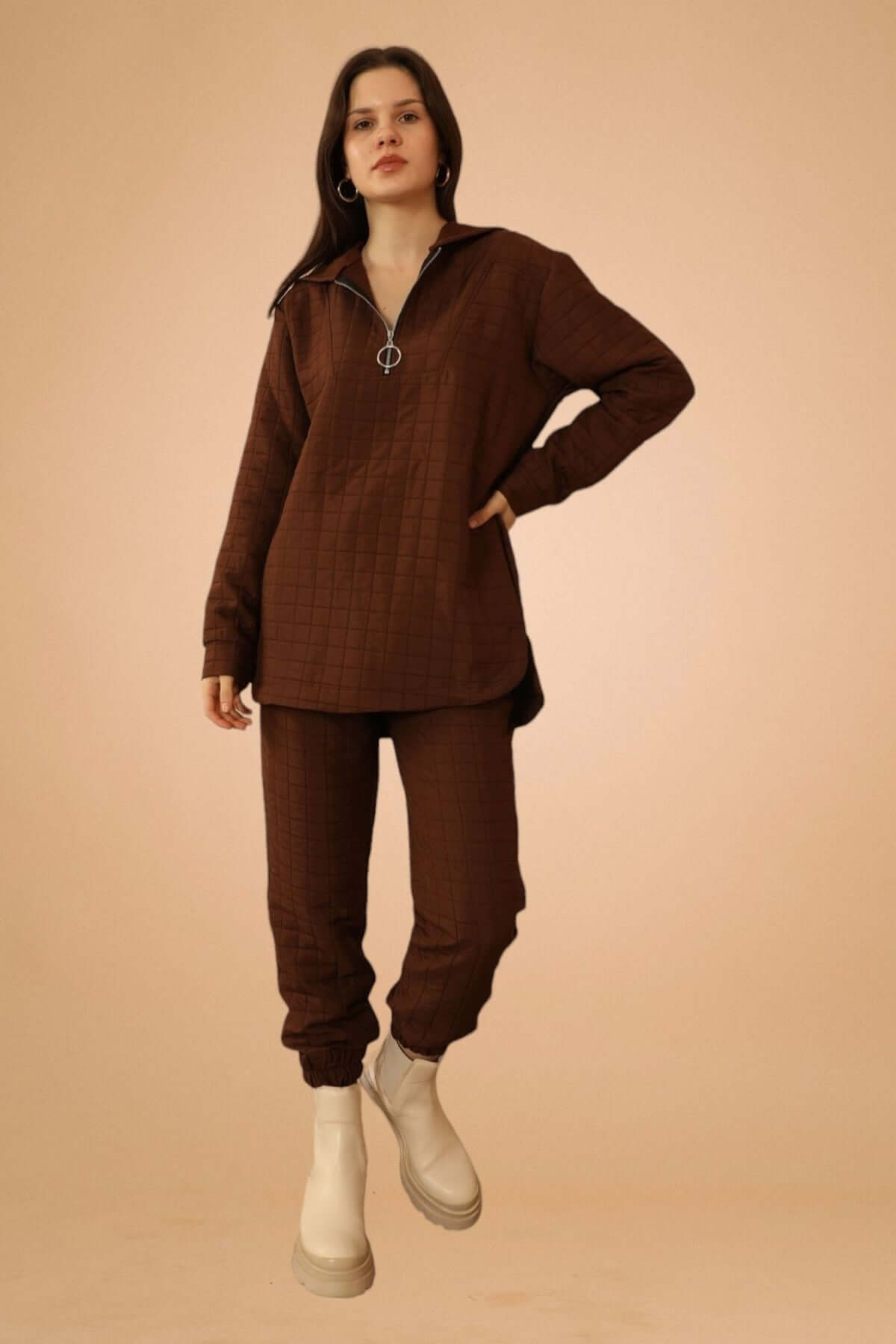 Jacquard Fabric Plus Size Tracksuit Top - Brown