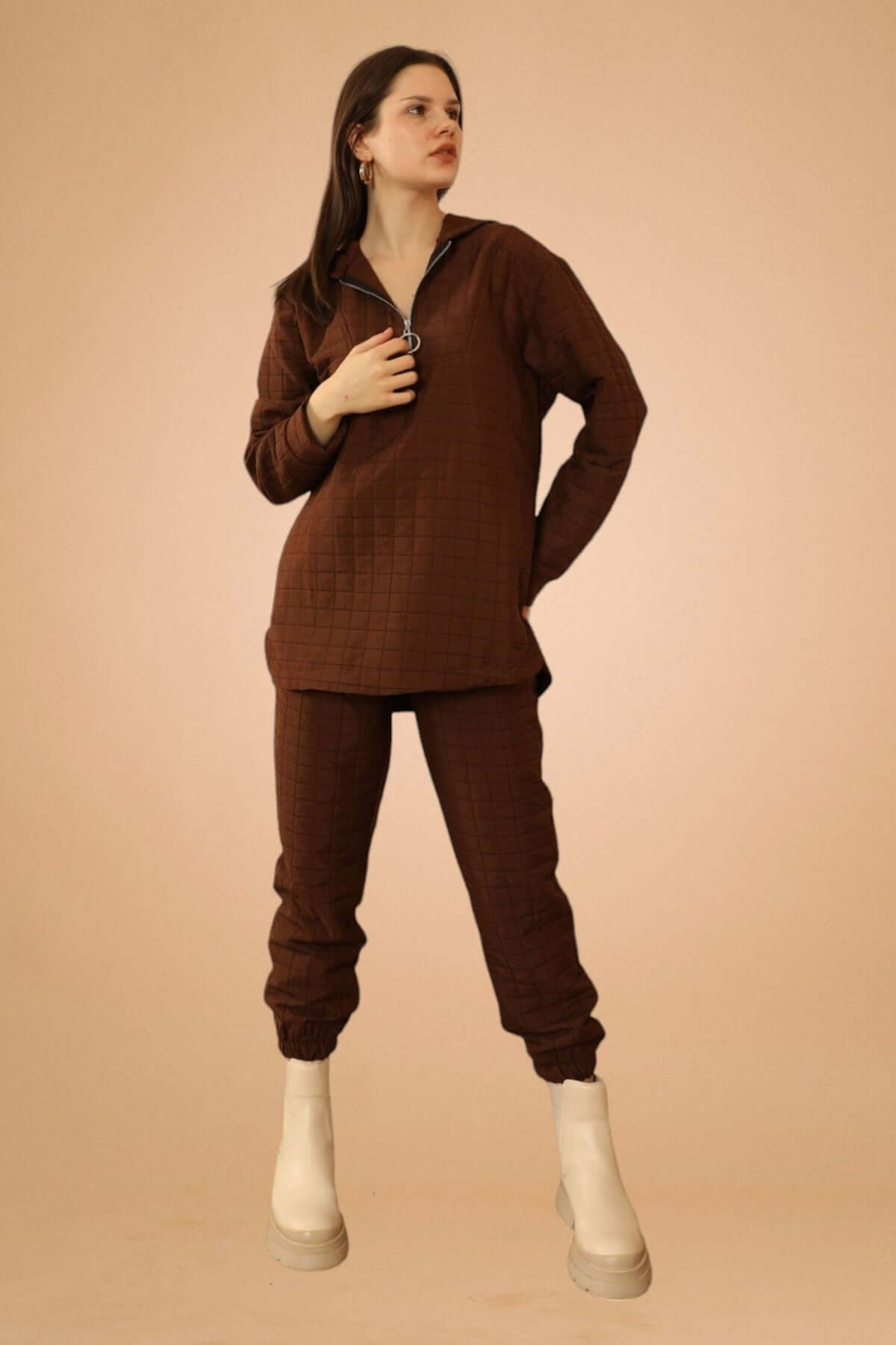 Jacquard Fabric Plus Size Tracksuit Top - Brown