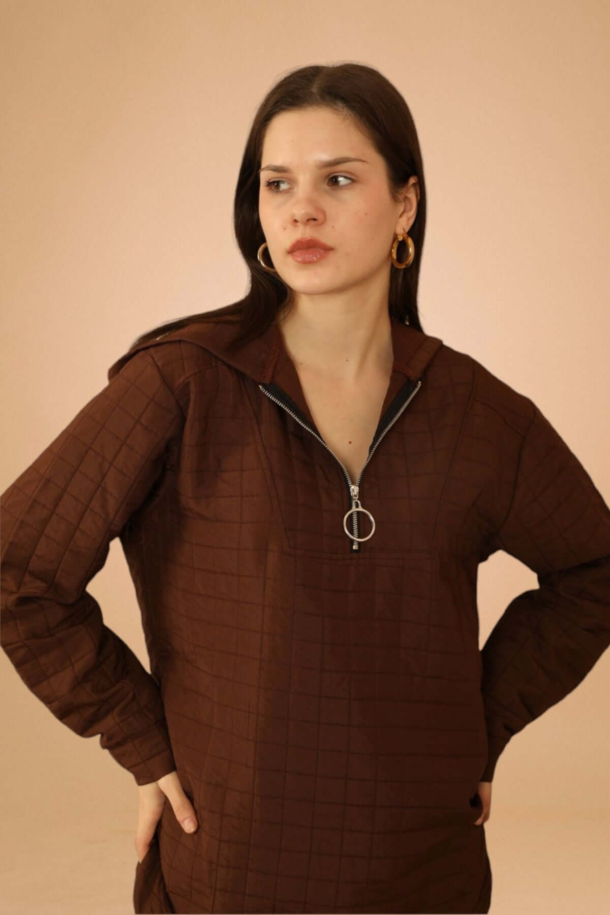 Jacquard Fabric Plus Size Tracksuit Top - Brown