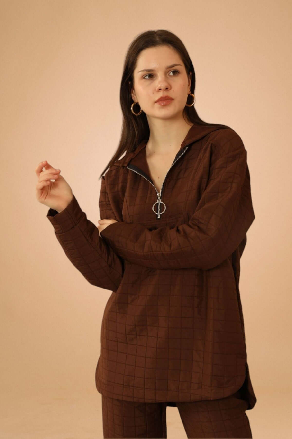 Jacquard Fabric Plus Size Tracksuit Top - Brown