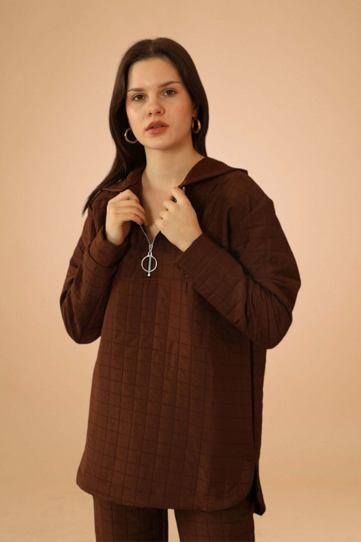 Jacquard Fabric Plus Size Tracksuit Top - Brown