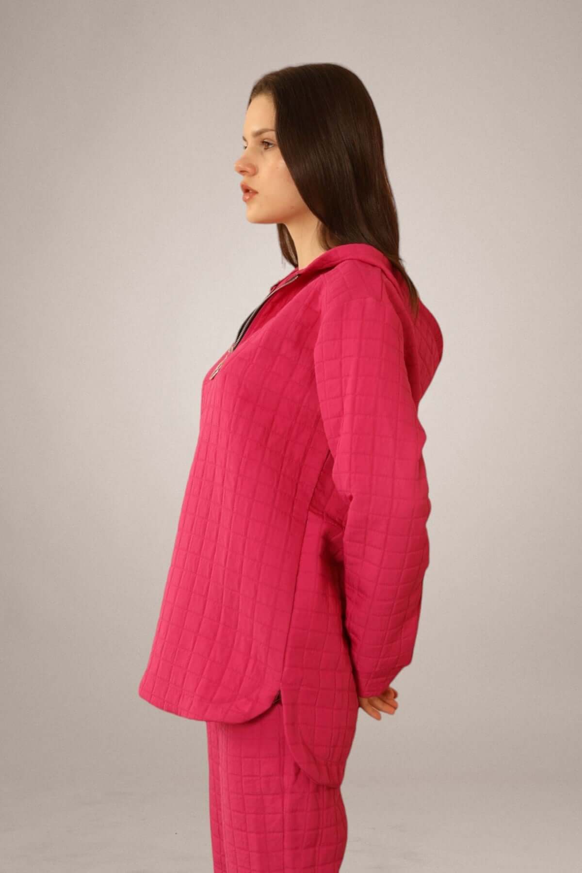 Jacquard Fabric Plus Size Tracksuit Top - Fuchsia