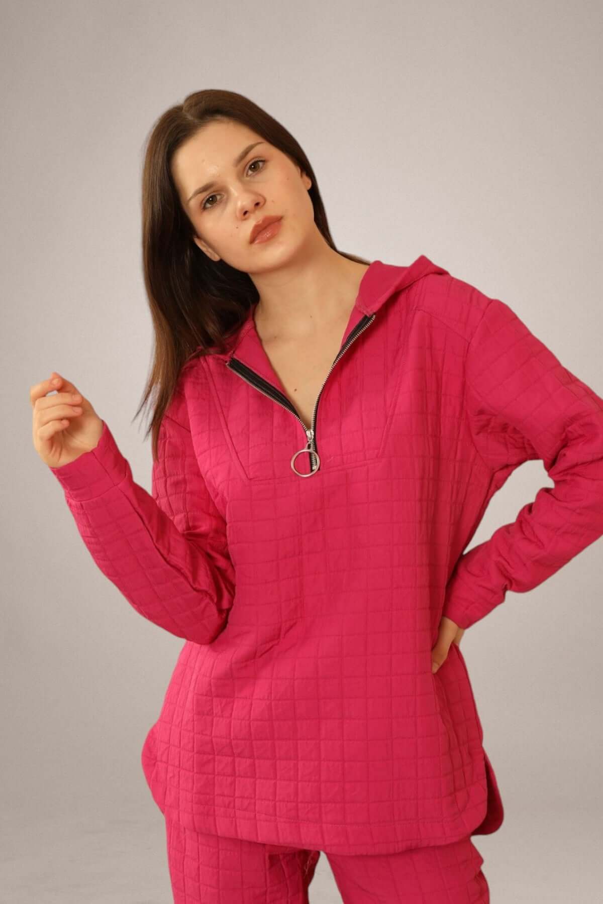 Jacquard Fabric Plus Size Tracksuit Top - Fuchsia