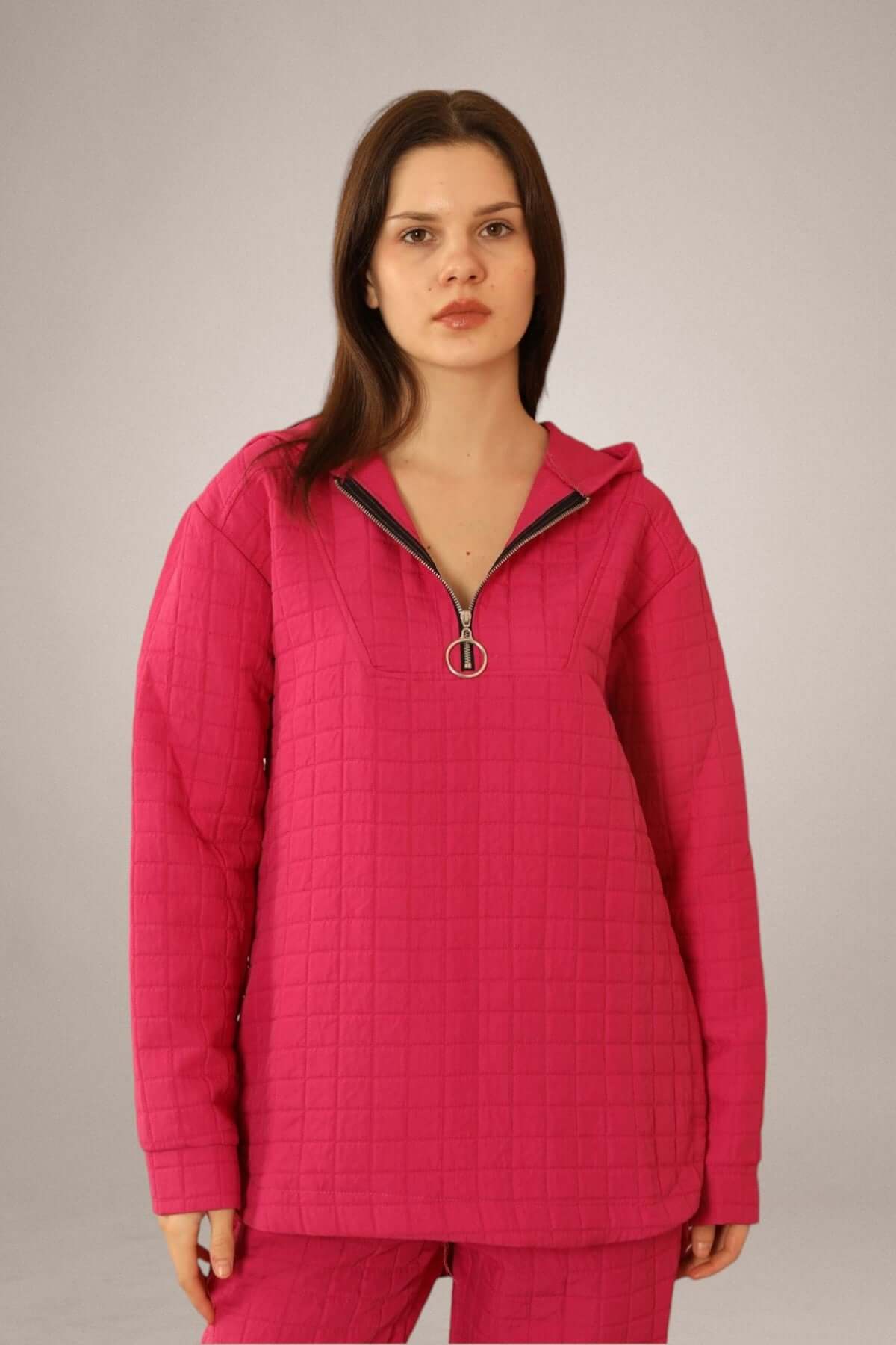 Jacquard Fabric Plus Size Tracksuit Top - Fuchsia