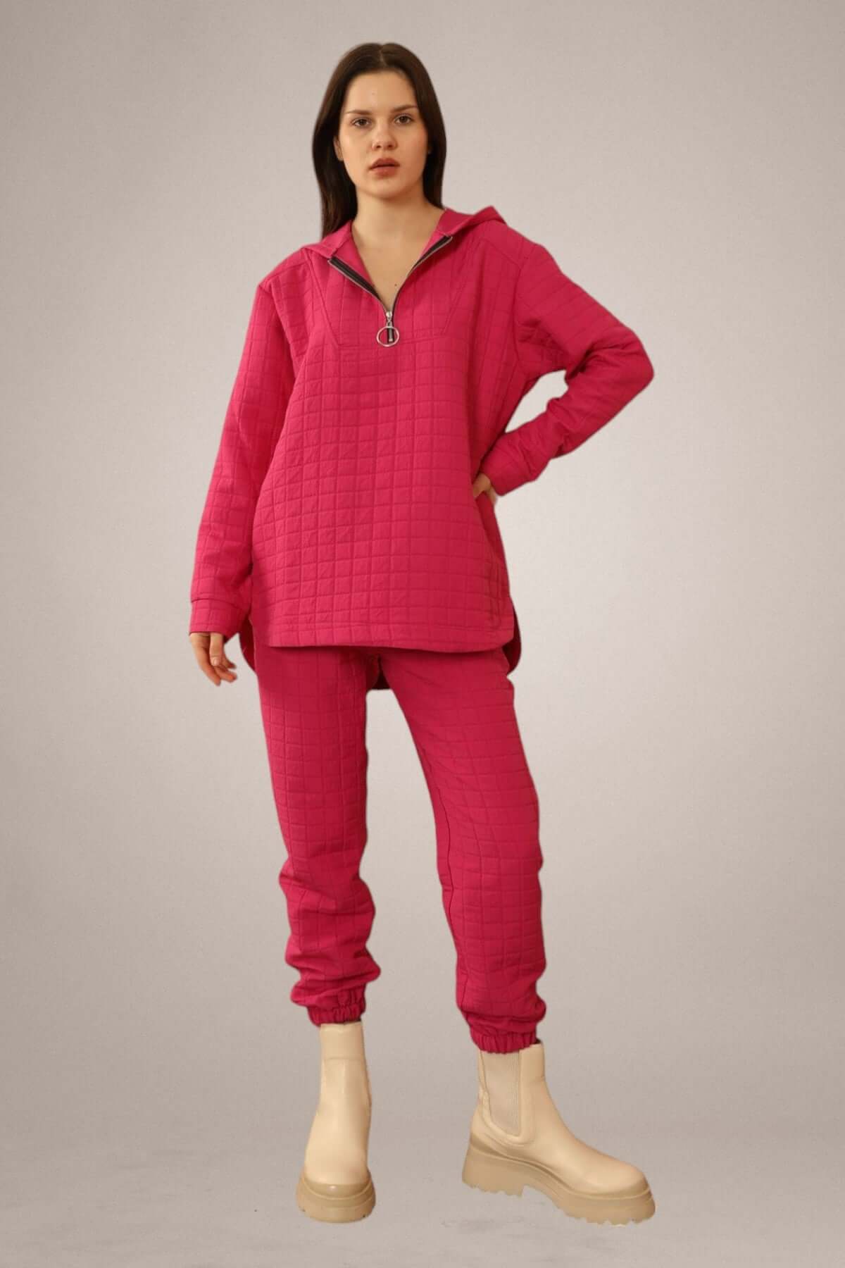 Jacquard Fabric Plus Size Tracksuit Top - Fuchsia