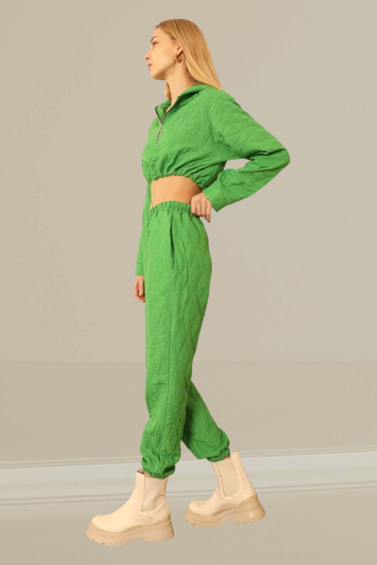 Quilted Cropped Bottom Tracksuit - Green