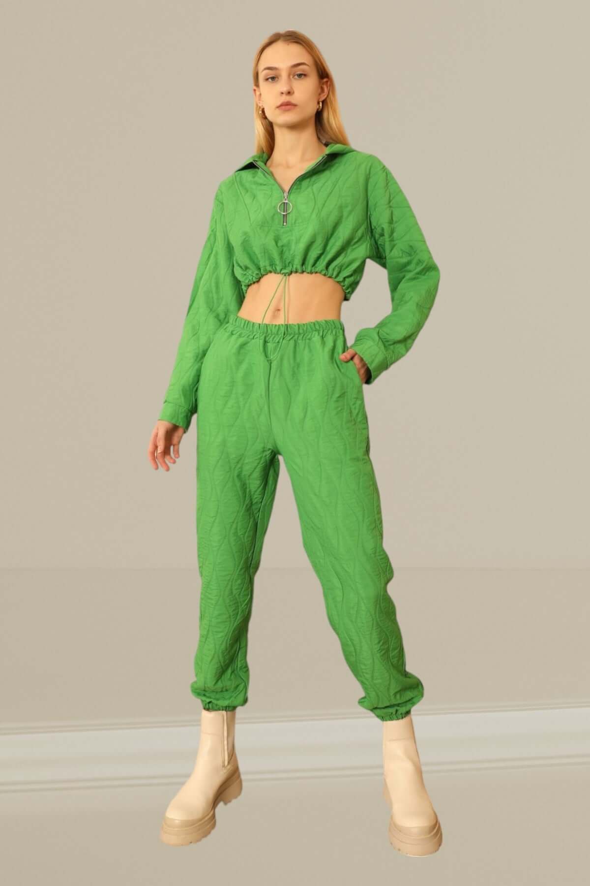 Quilted Cropped Bottom Tracksuit - Green