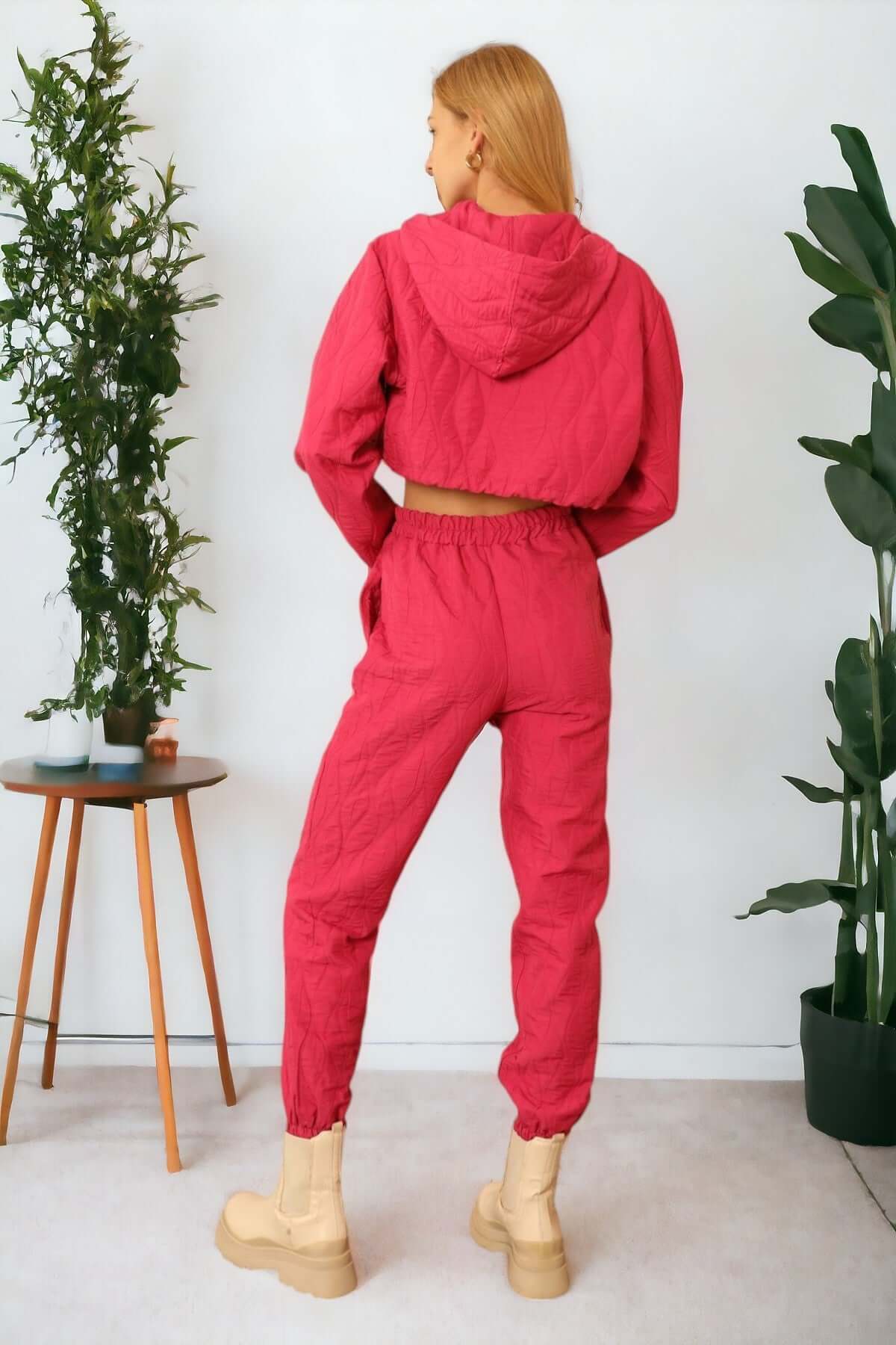 Quilted Cropped Bottom Tracksuit - Fuschia