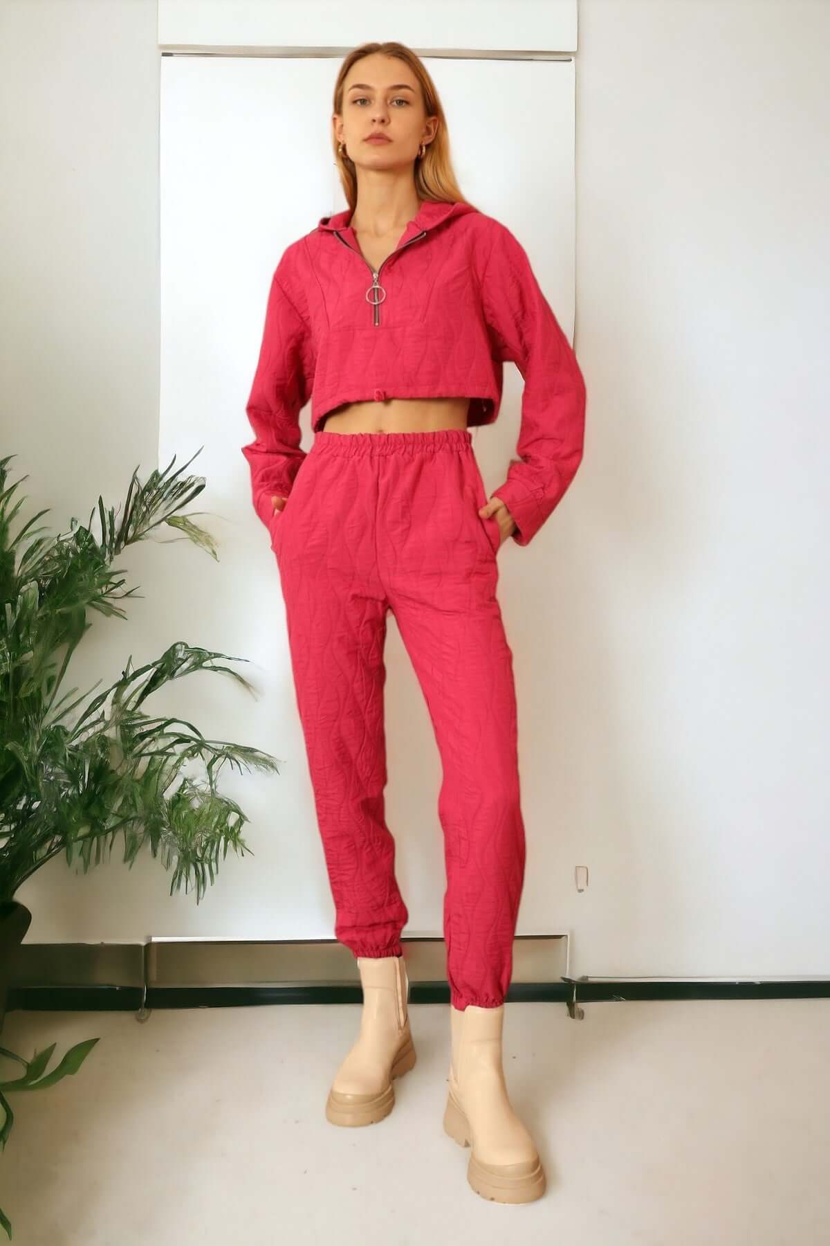 Quilted Cropped Bottom Tracksuit - Fuschia