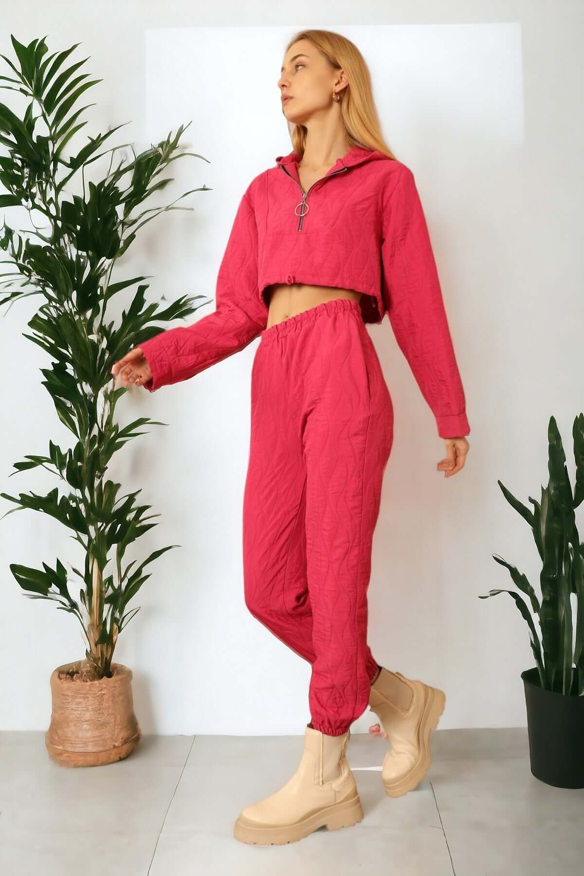 Quilted Cropped Bottom Tracksuit - Fuschia