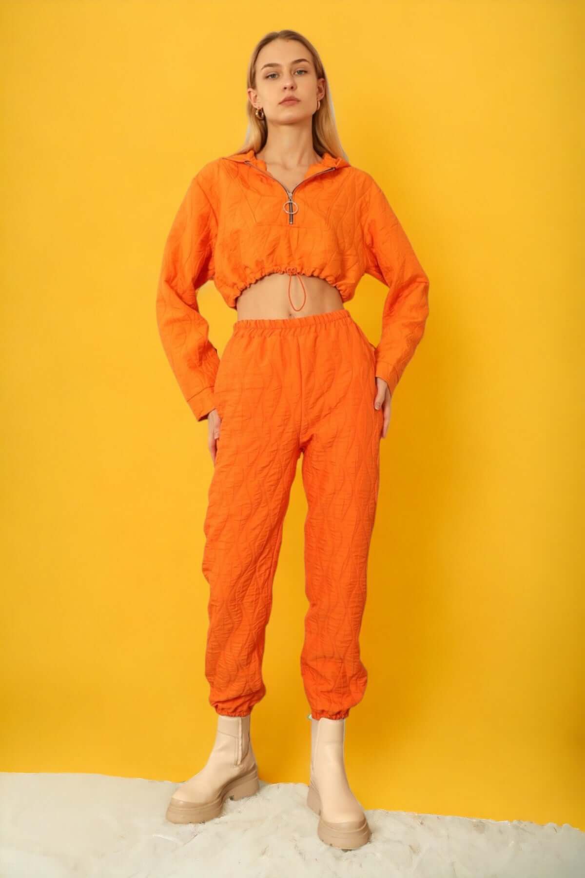 Quilted Cropped Bottom Tracksuit -Orange