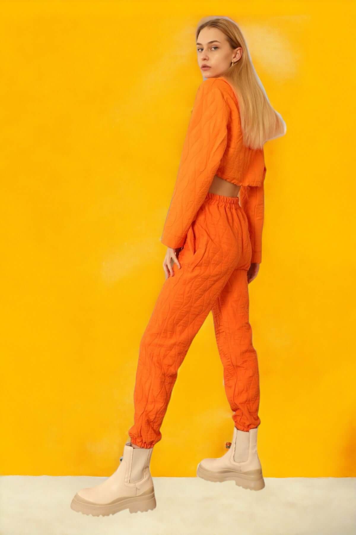 Quilted Cropped Bottom Tracksuit -Orange