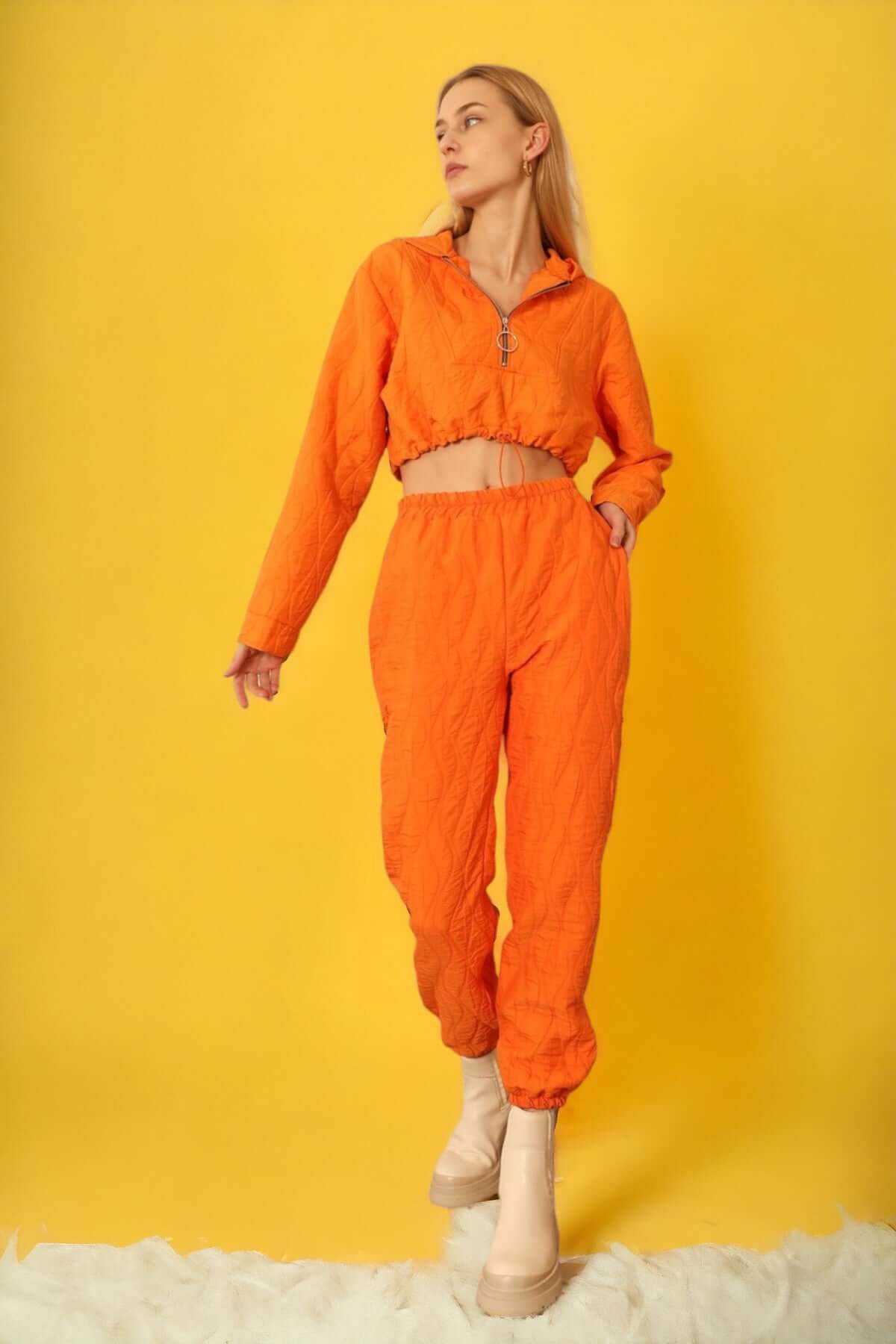 Quilted Cropped Bottom Tracksuit -Orange