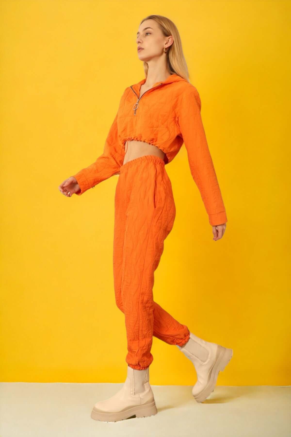 Quilted Cropped Bottom Tracksuit -Orange