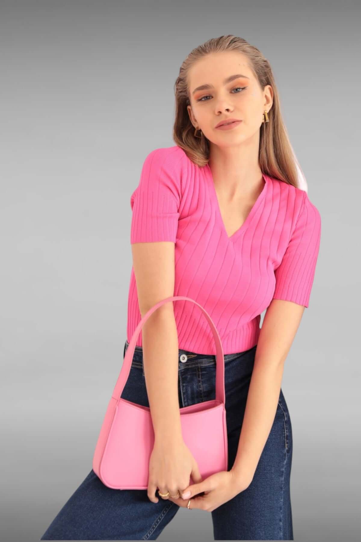 Tricot Fabric Fitted V-Neck Blouse - Fuschia