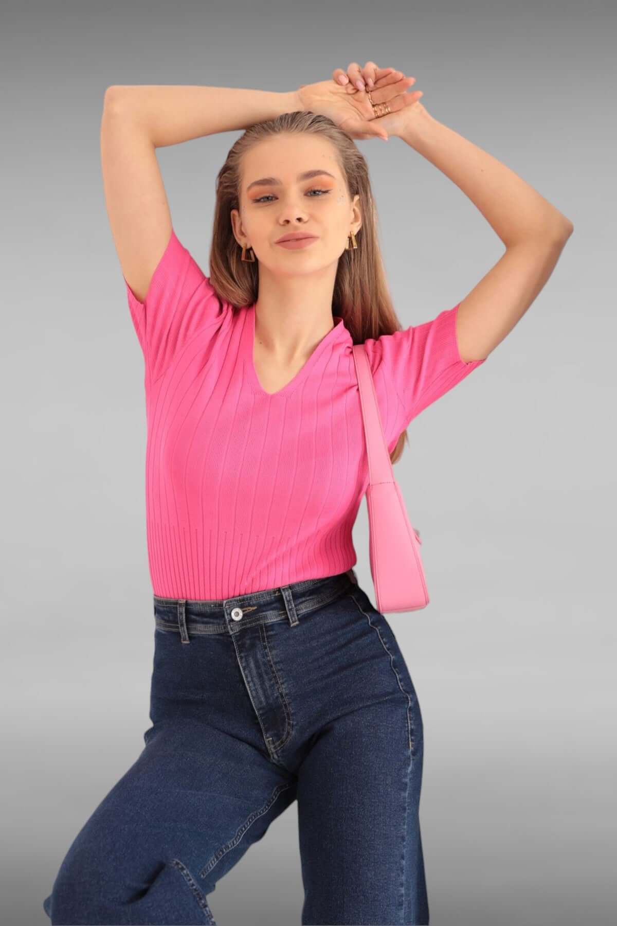 Tricot Fabric Fitted V-Neck Blouse - Fuschia