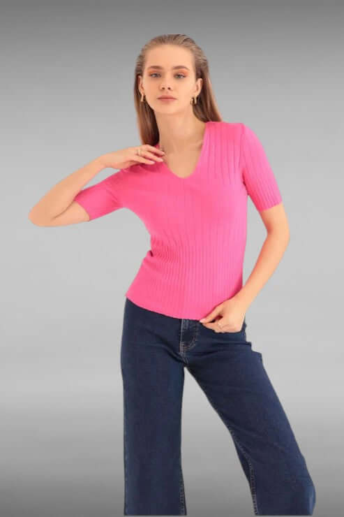 Tricot Fabric Fitted V-Neck Blouse - Fuschia