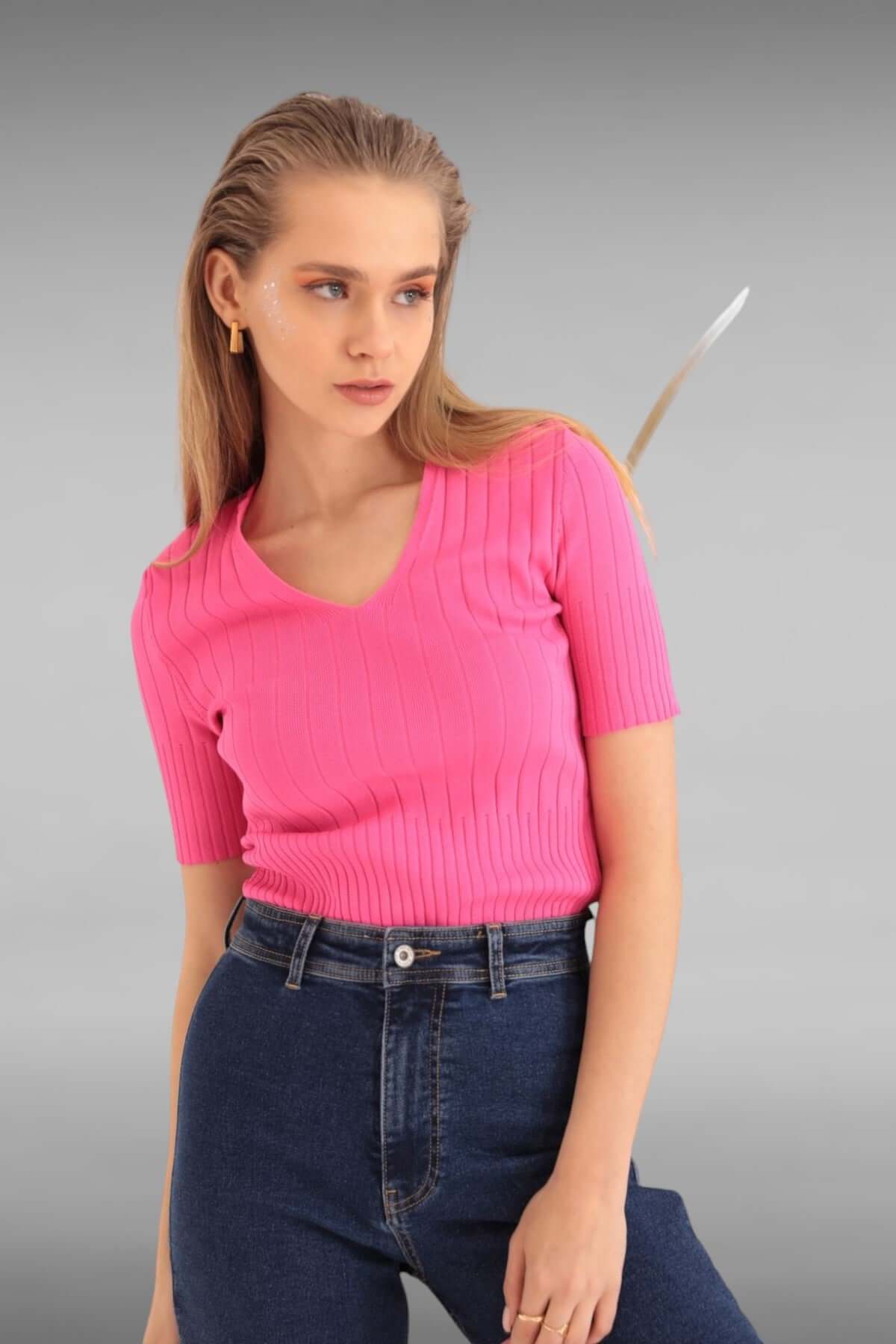 Tricot Fabric Fitted V-Neck Blouse - Fuschia