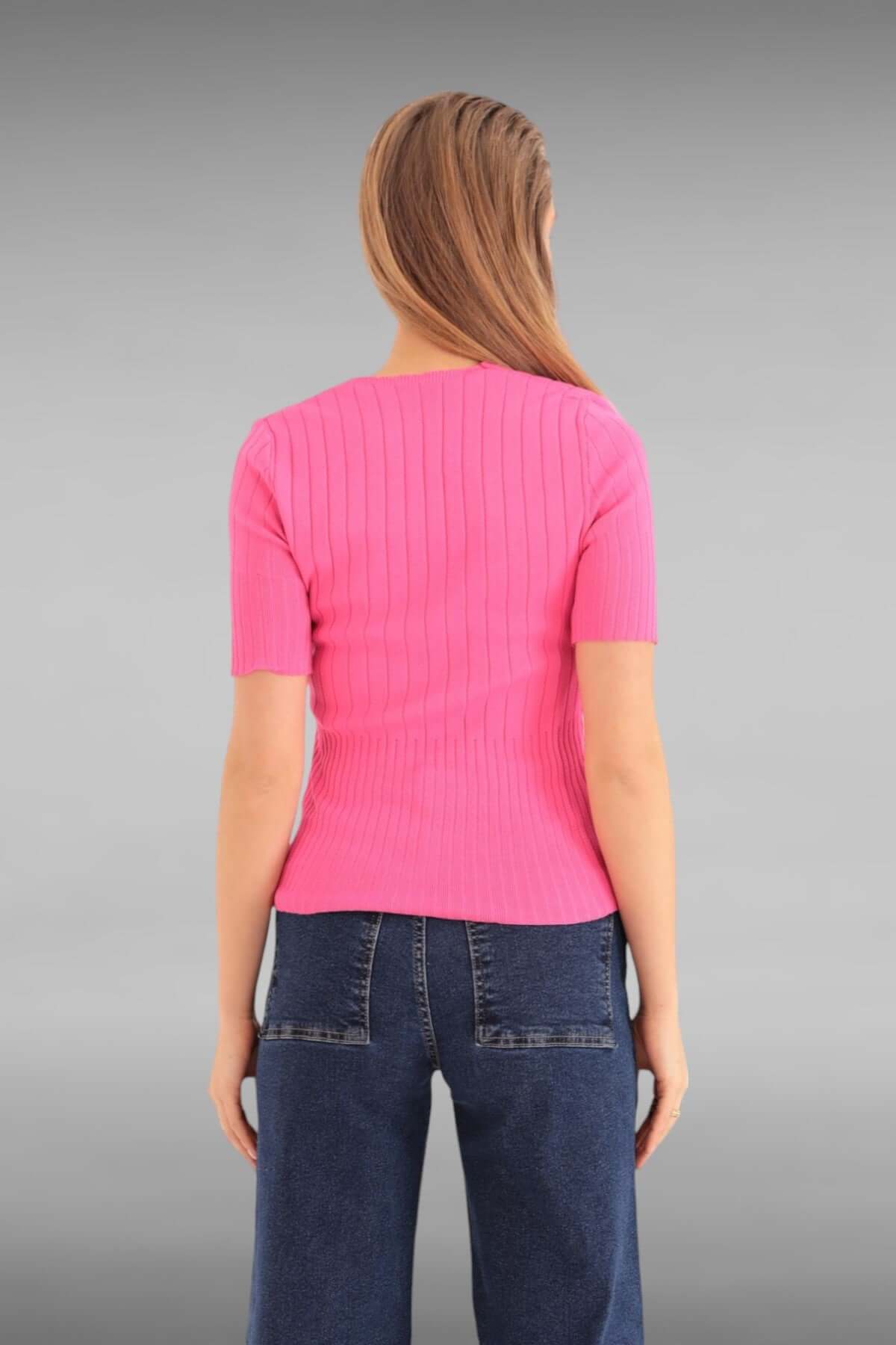 Tricot Fabric Fitted V-Neck Blouse - Fuschia