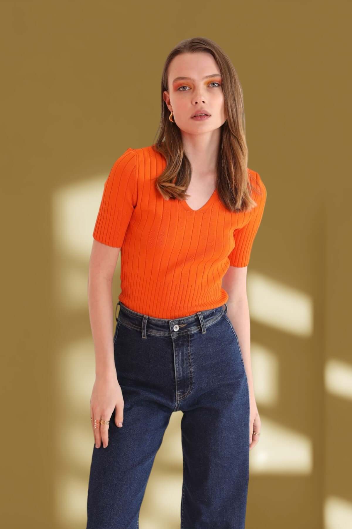 Tricot Fabric Fitted V-Neck Blouse - Orange