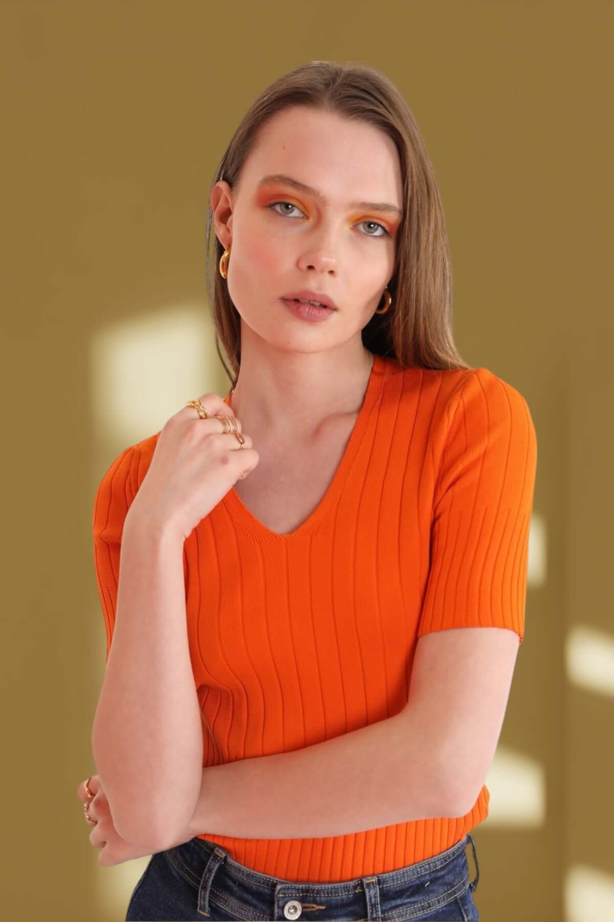 Tricot Fabric Fitted V-Neck Blouse - Orange