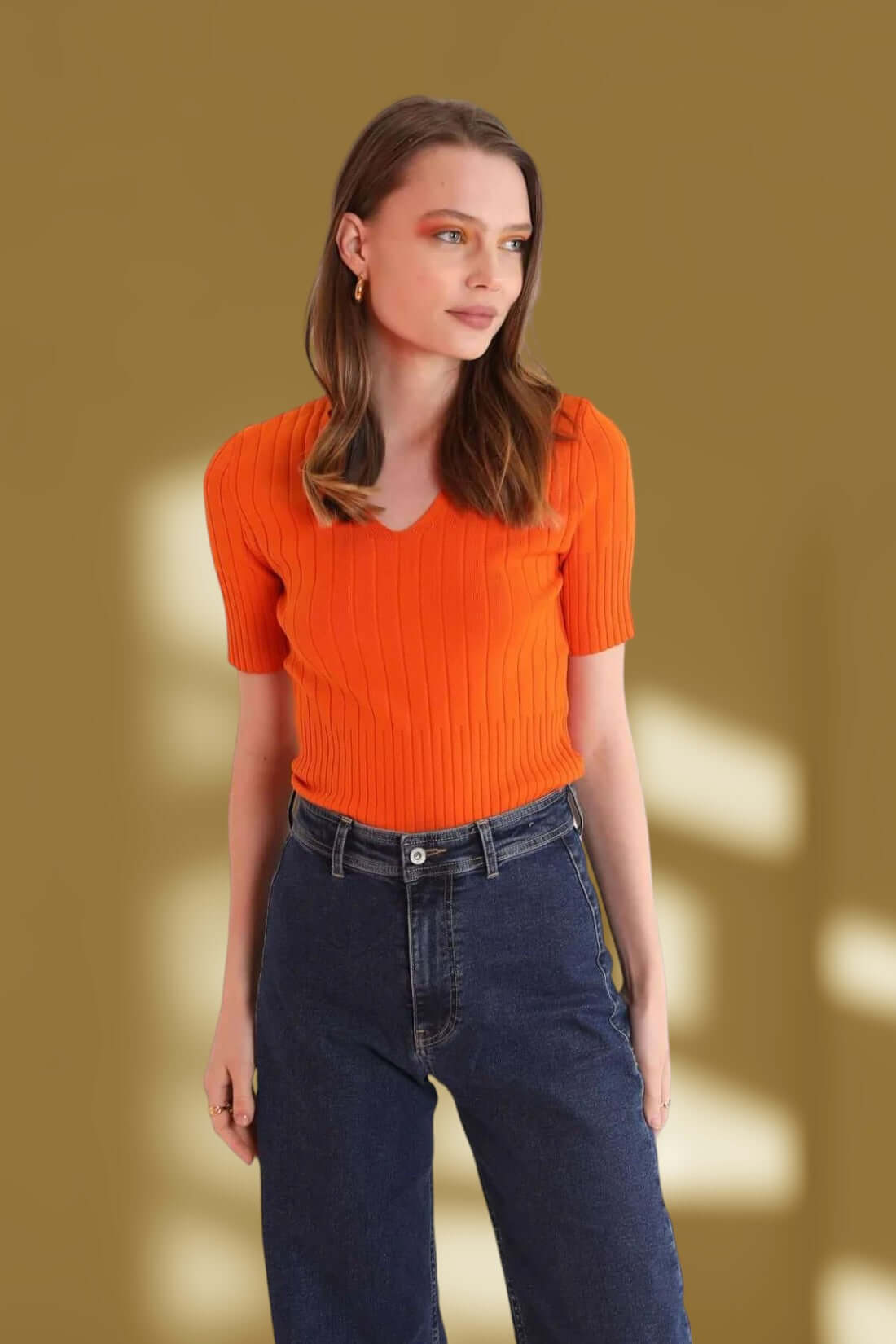 Tricot Fabric Fitted V-Neck Blouse - Orange