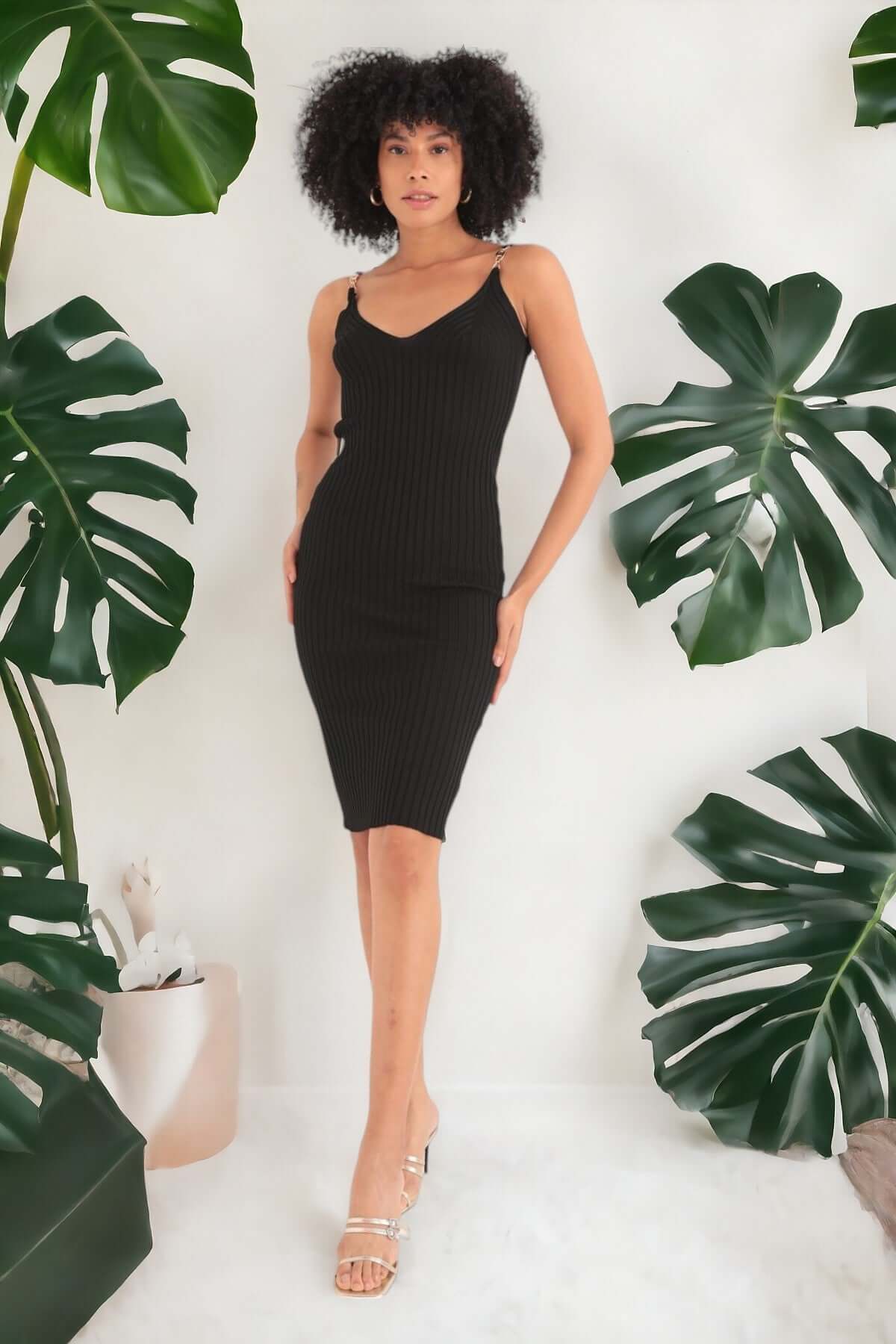 Knitted Knee Length Dress - Black