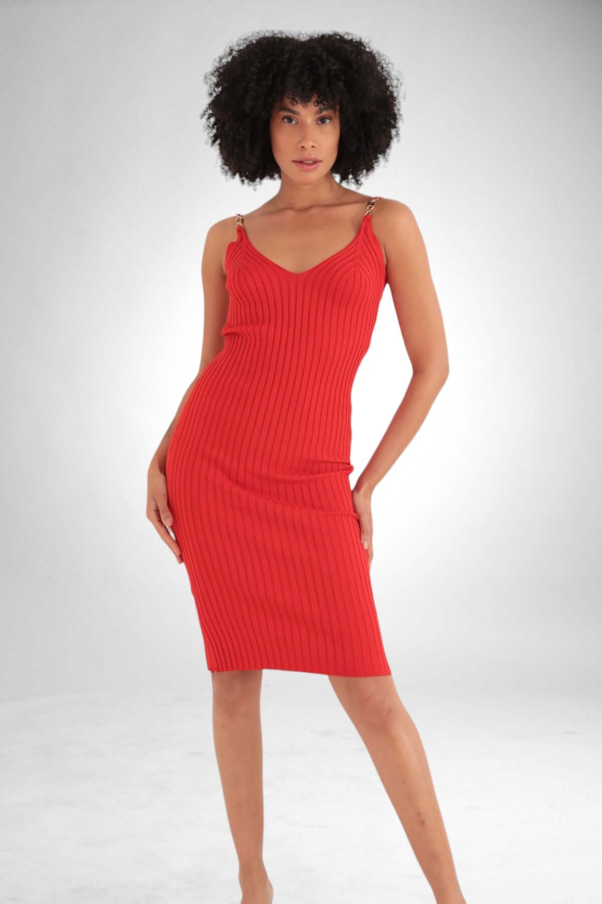 Knitted Knee Length Dress - Red