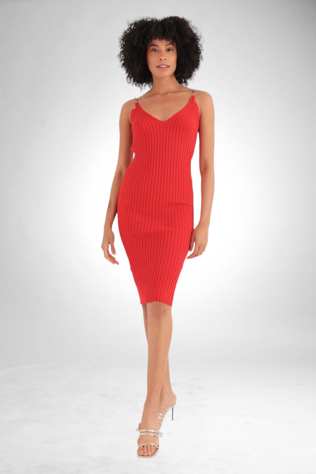 Knitted Knee Length Dress - Red