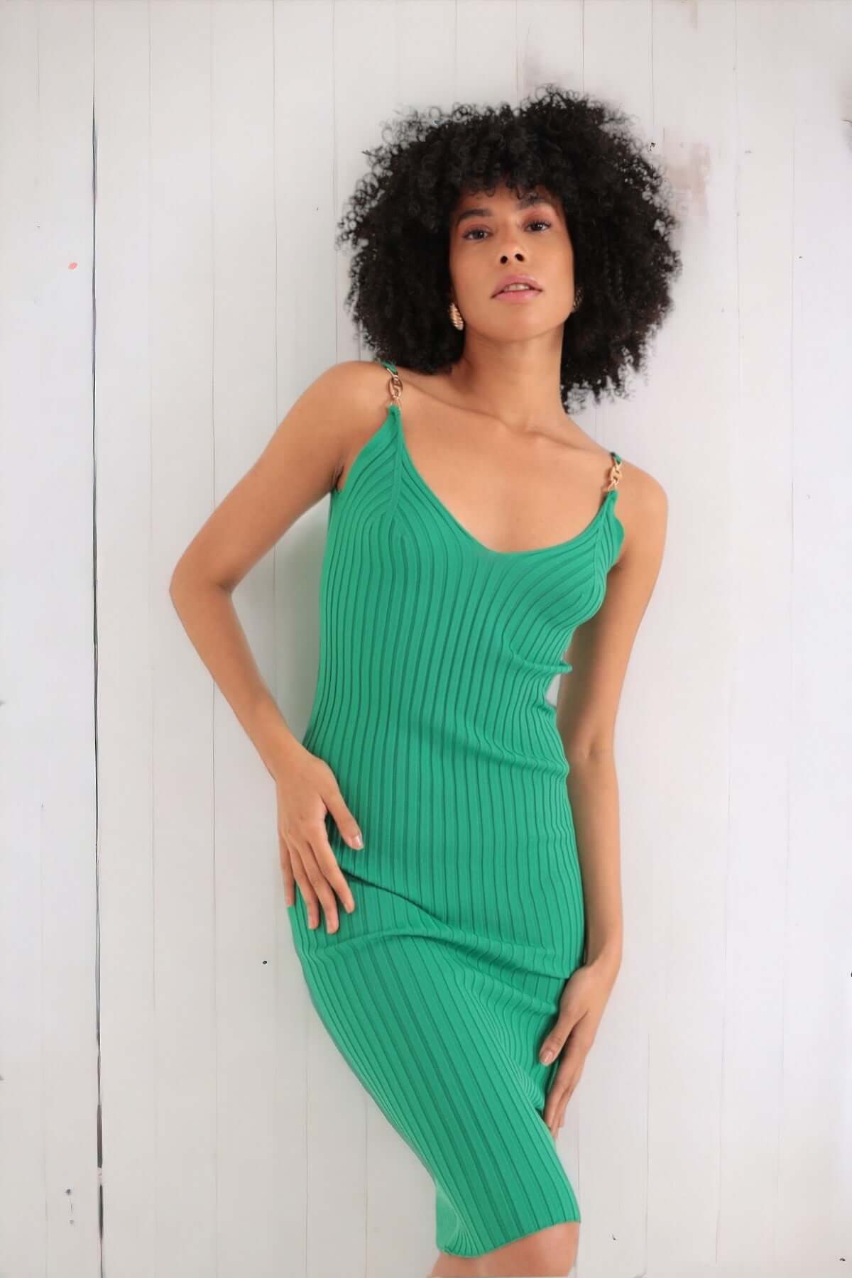 Knitted Knee Length Dress - Green