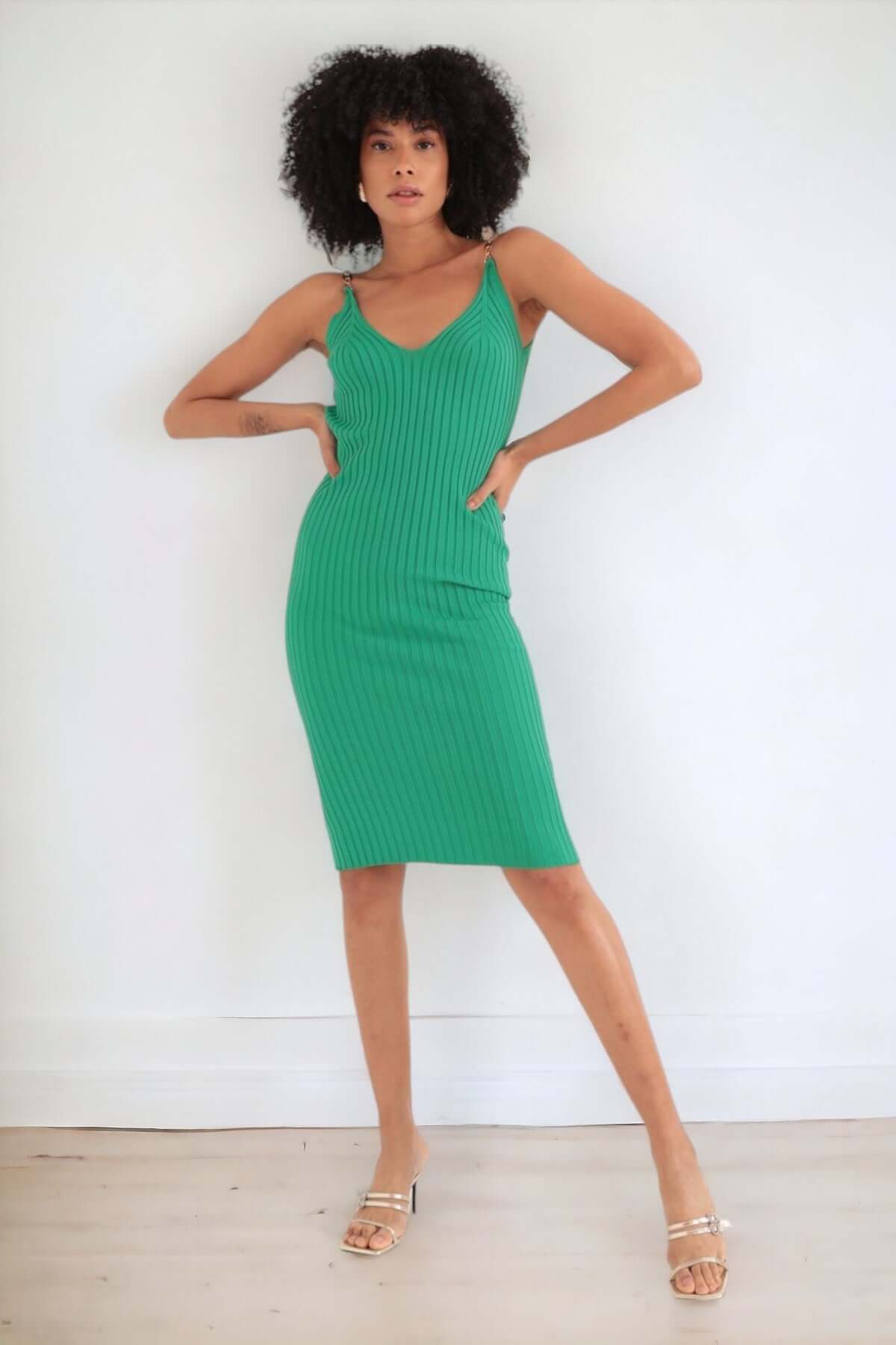 Knitted Knee Length Dress - Green