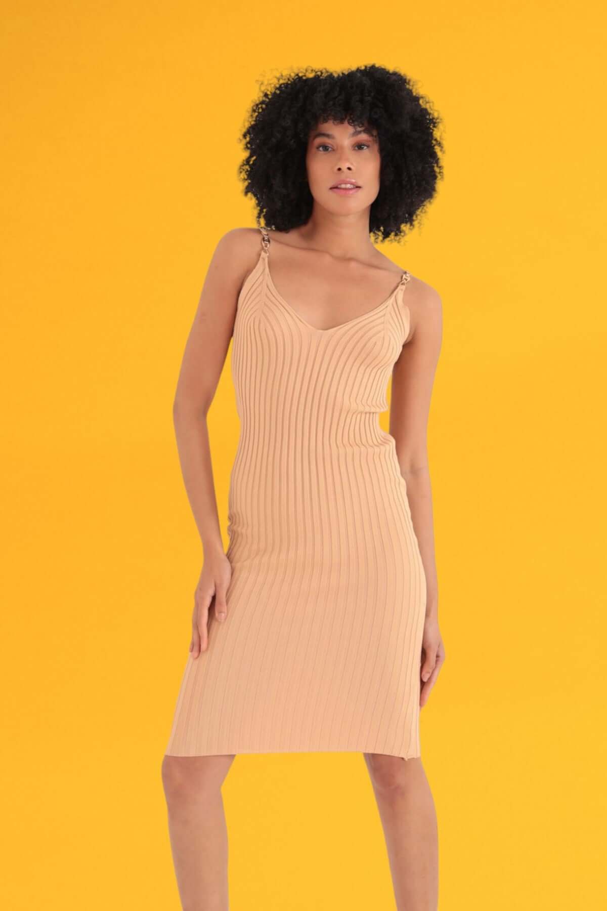 Knitted Knee Length Dress - Biscuit