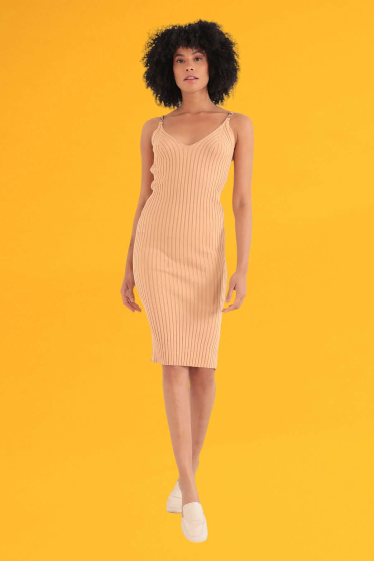 Knitted Knee Length Dress - Biscuit