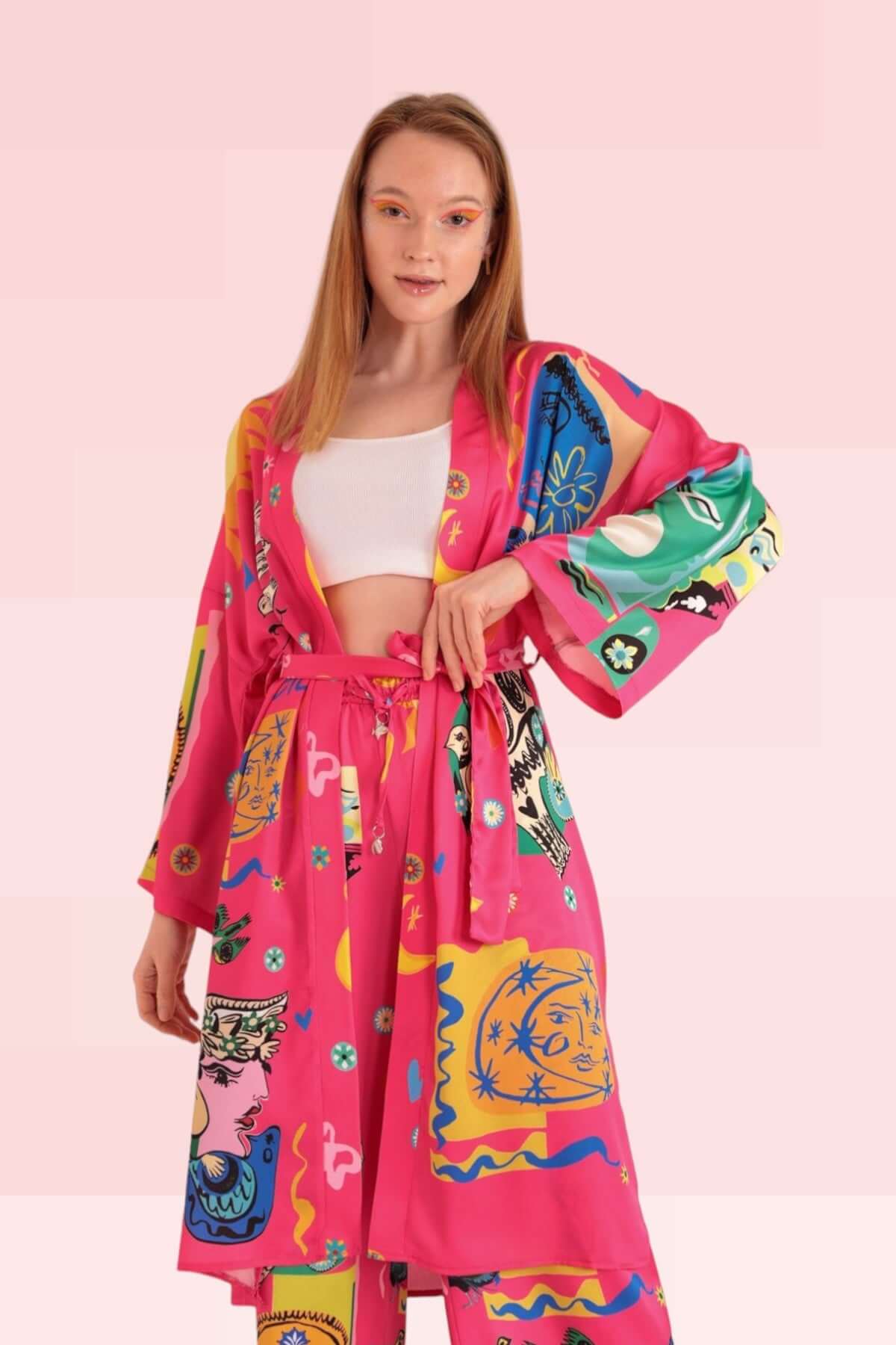 Satin Soleil Pattern Kimono - Light Fuschia