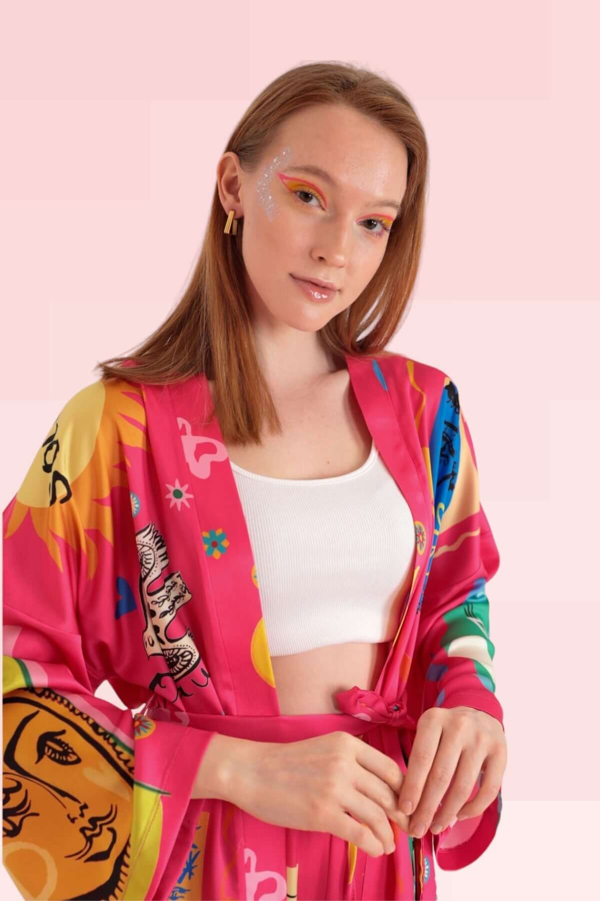 Satin Soleil Pattern Kimono - Light Fuschia