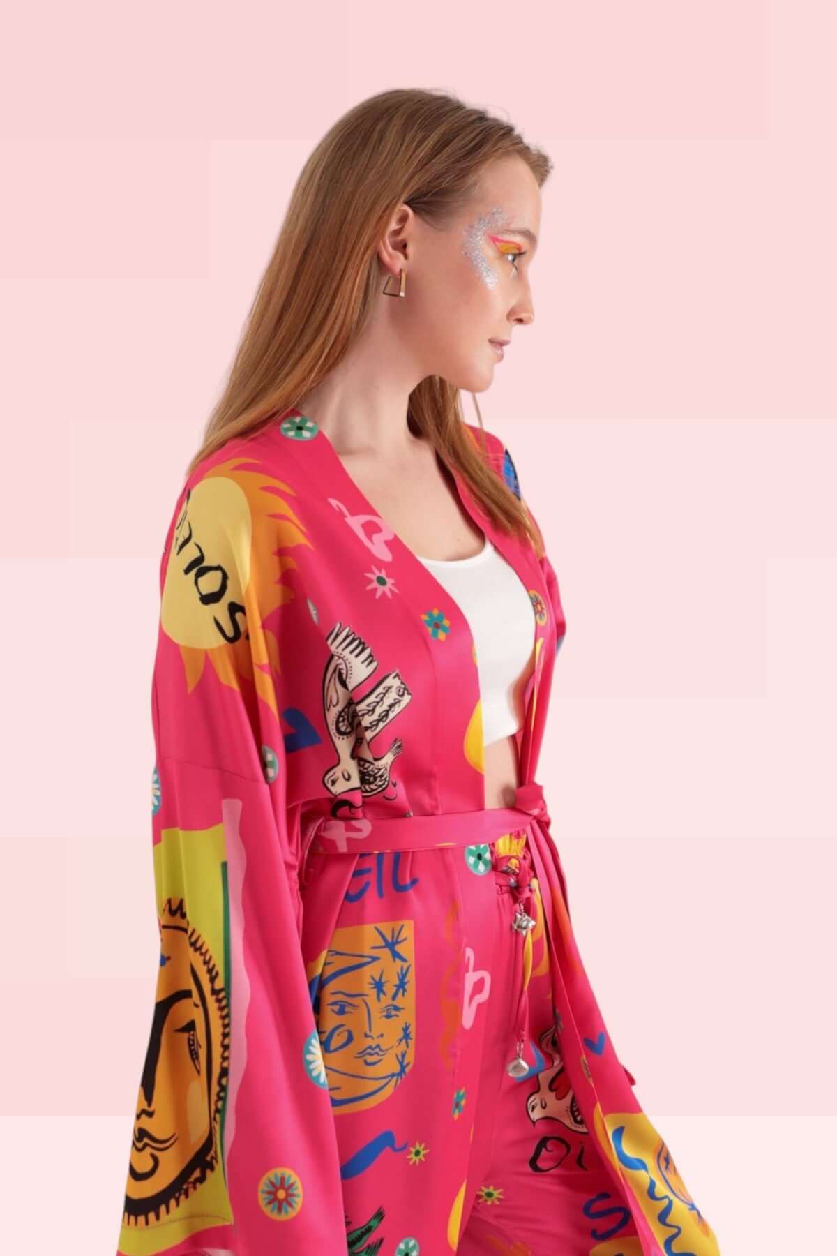 Satin Soleil Pattern Kimono - Light Fuschia