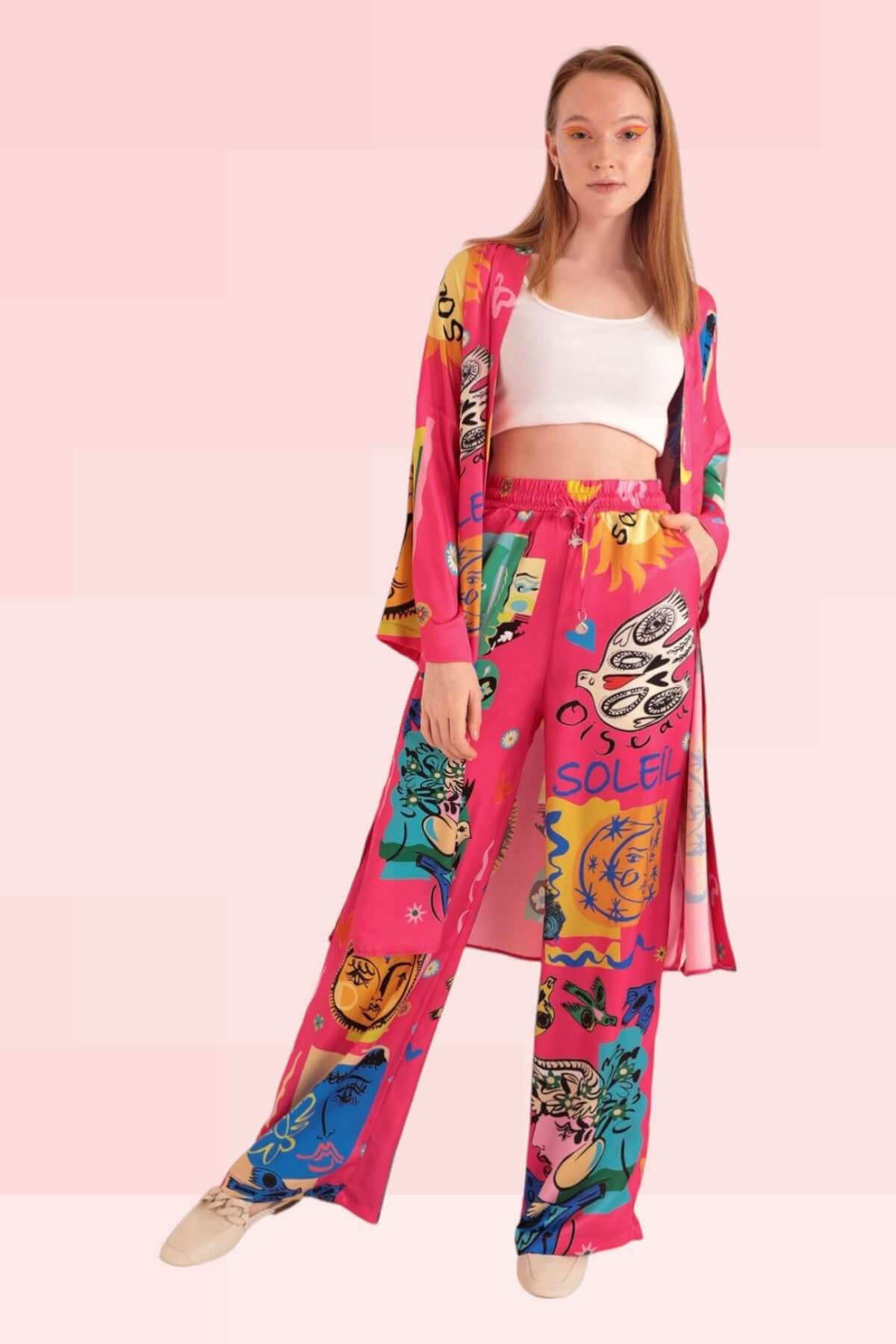 Satin Soleil Pattern Kimono - Light Fuschia