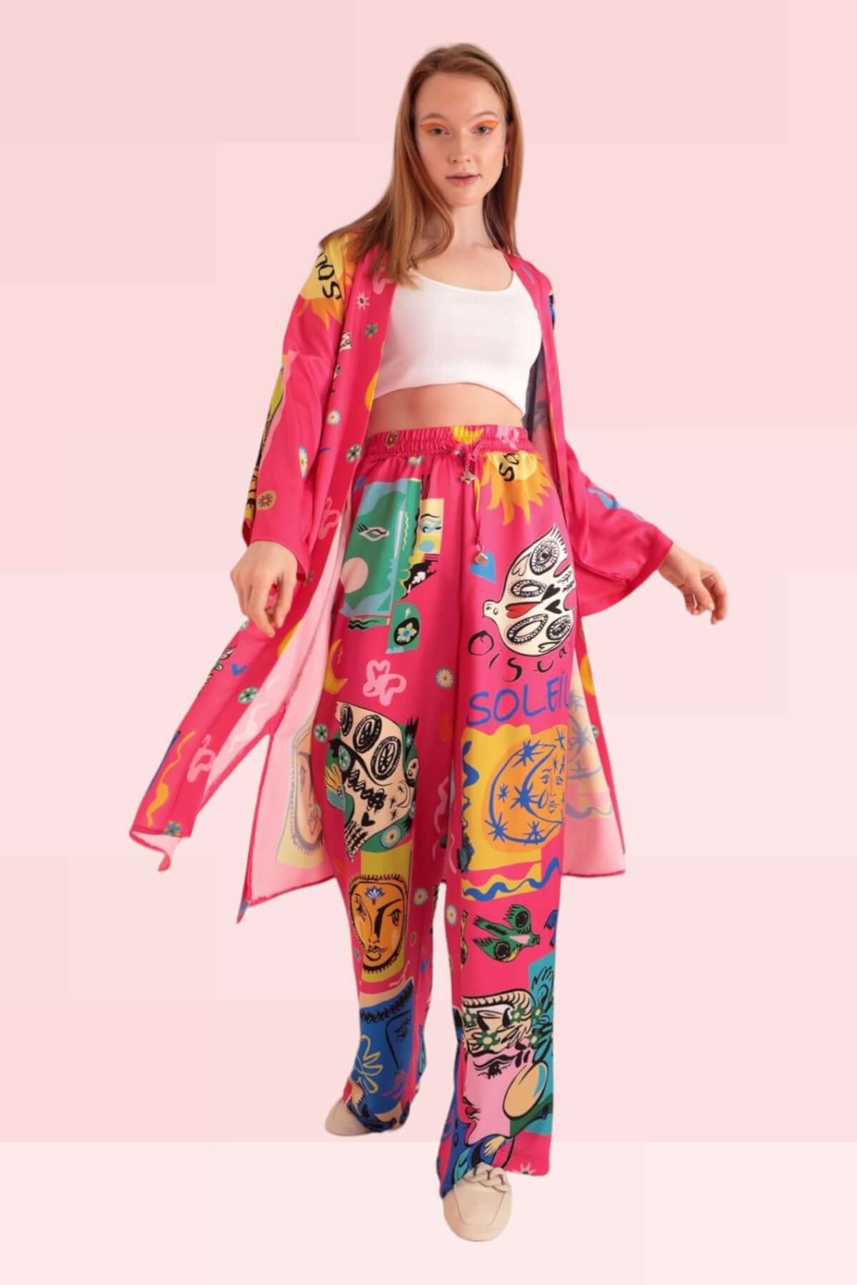 Satin Soleil Pattern Kimono - Light Fuschia