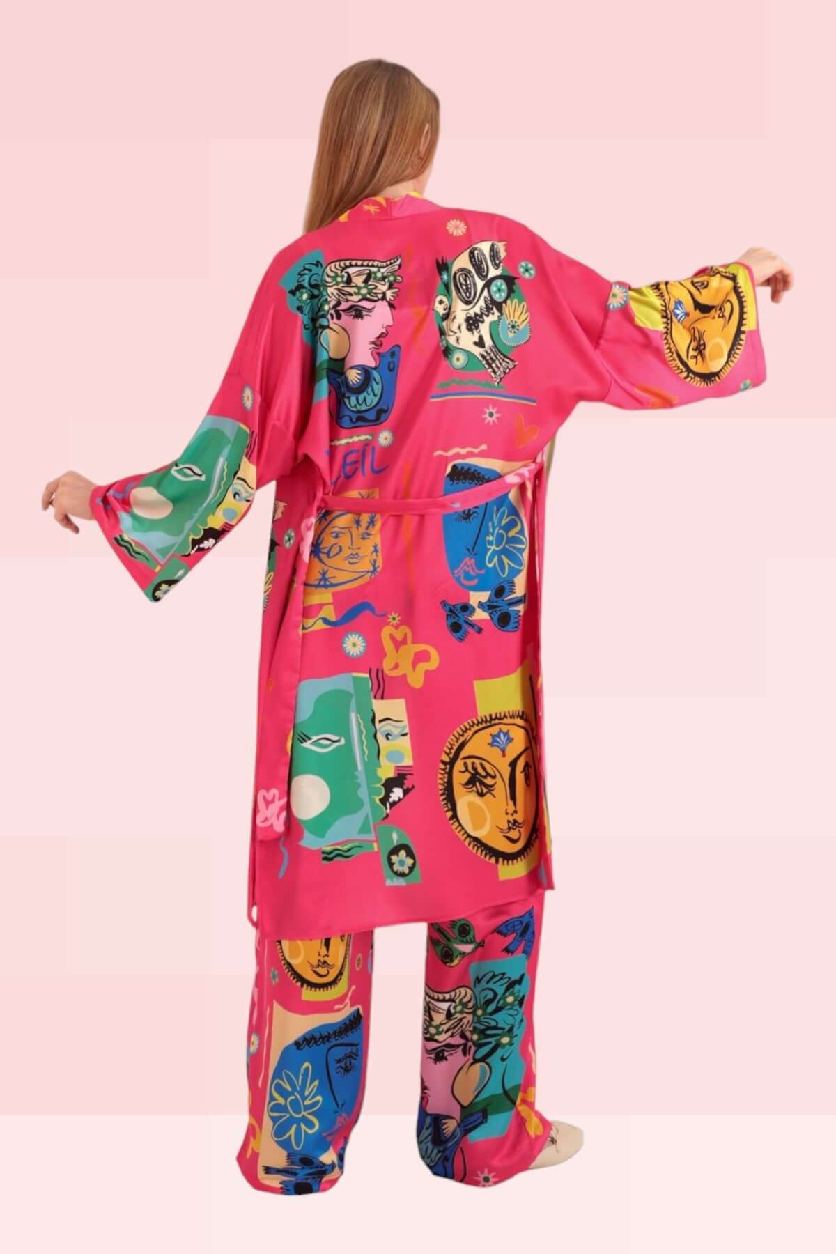 Satin Soleil Pattern Kimono - Light Fuschia