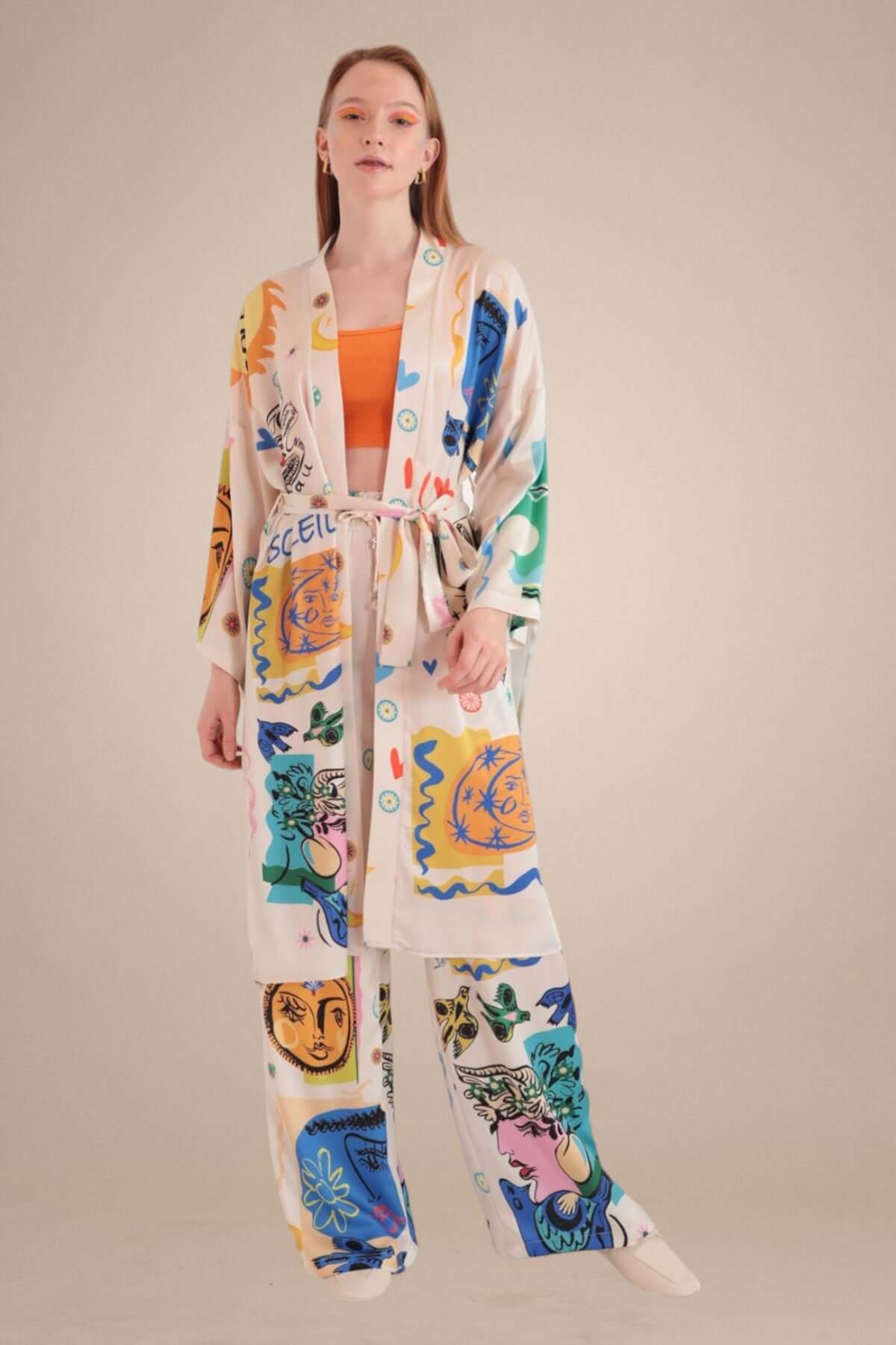 Satin Soleil Pattern Kimono - White