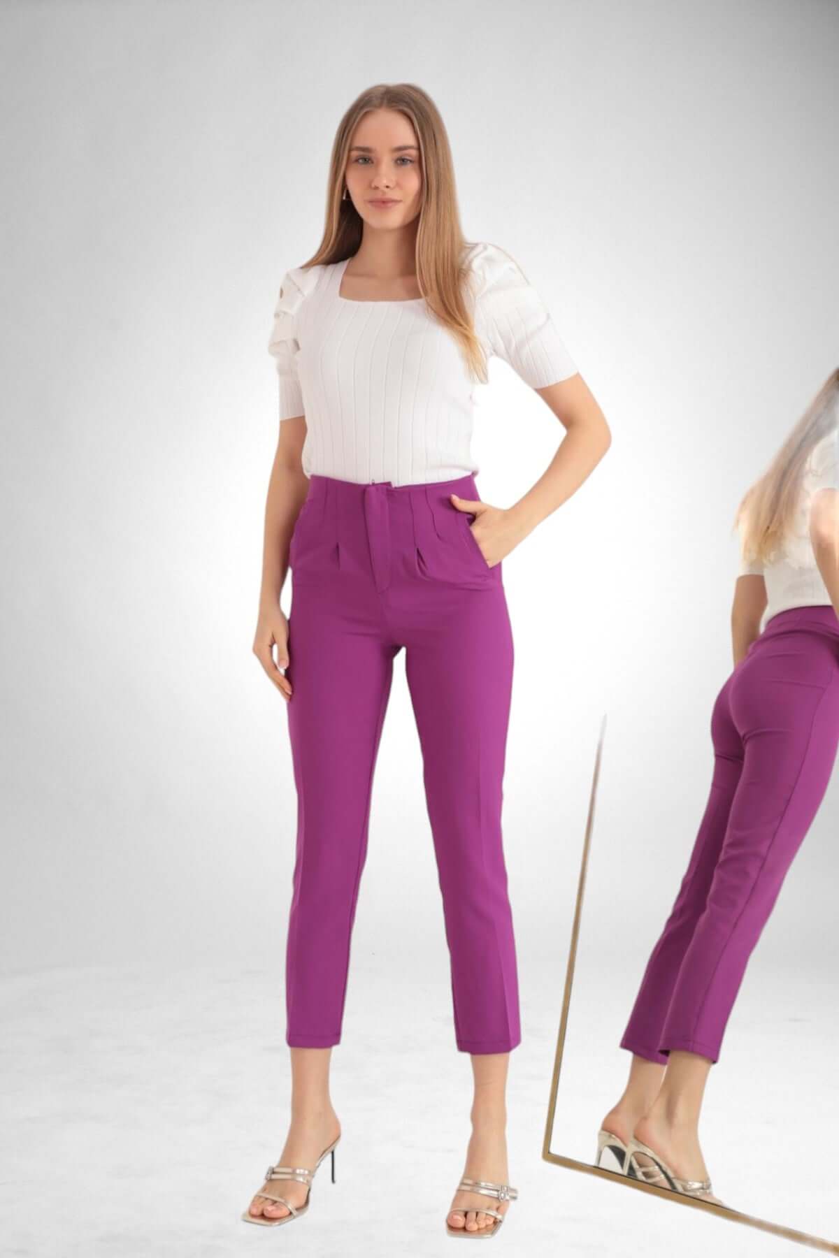 Pleated Cropped Tight Trousers - Fuschia