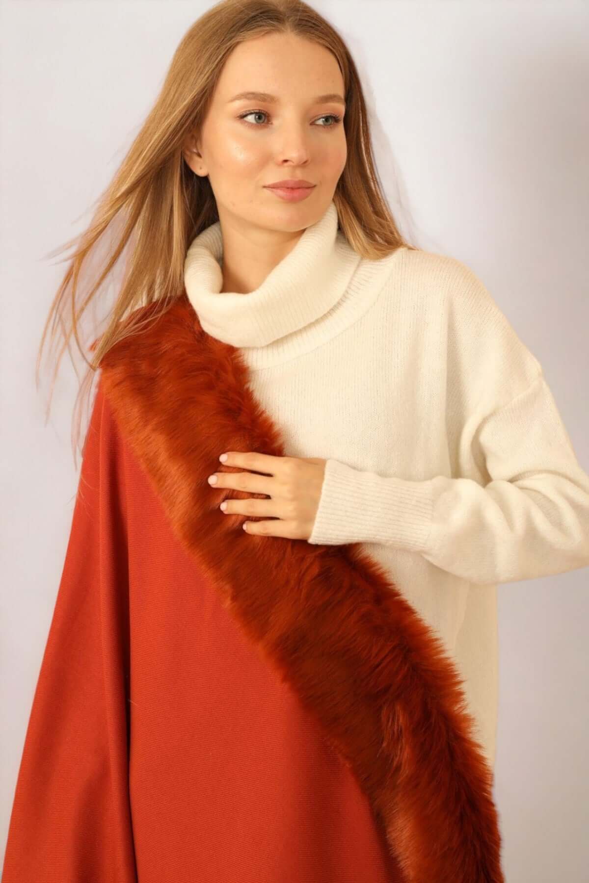 Feathered Tassel Poncho - Tile Red