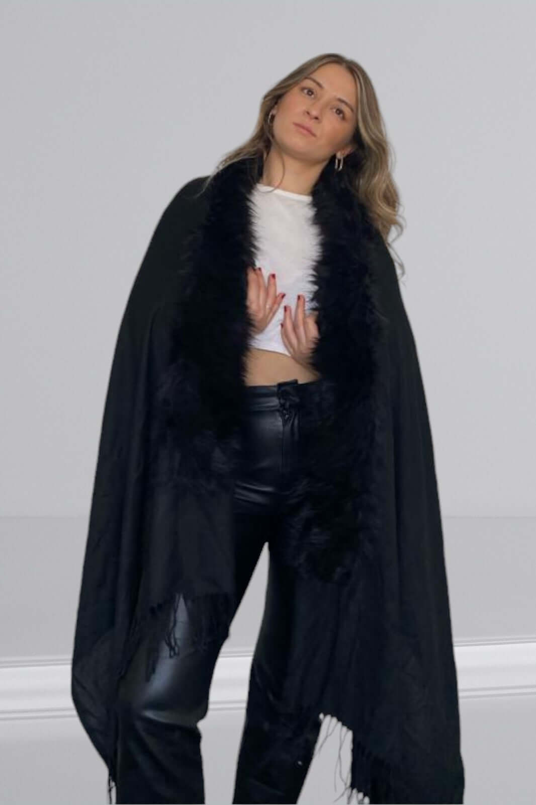 Feathered Tassel Poncho - Black