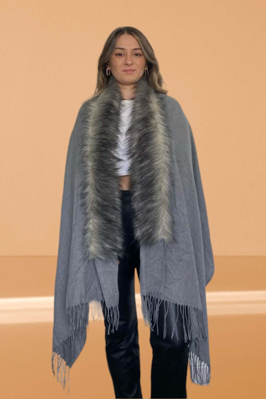 Feathered Tassel Poncho - Gray