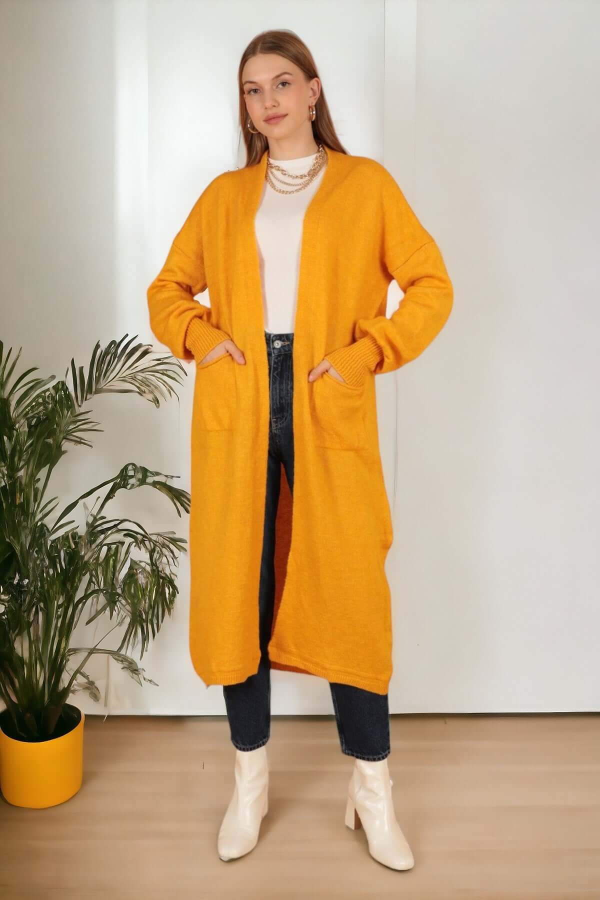 Knitwear Fabric Shawl Collar Long Cardigan-Mustard