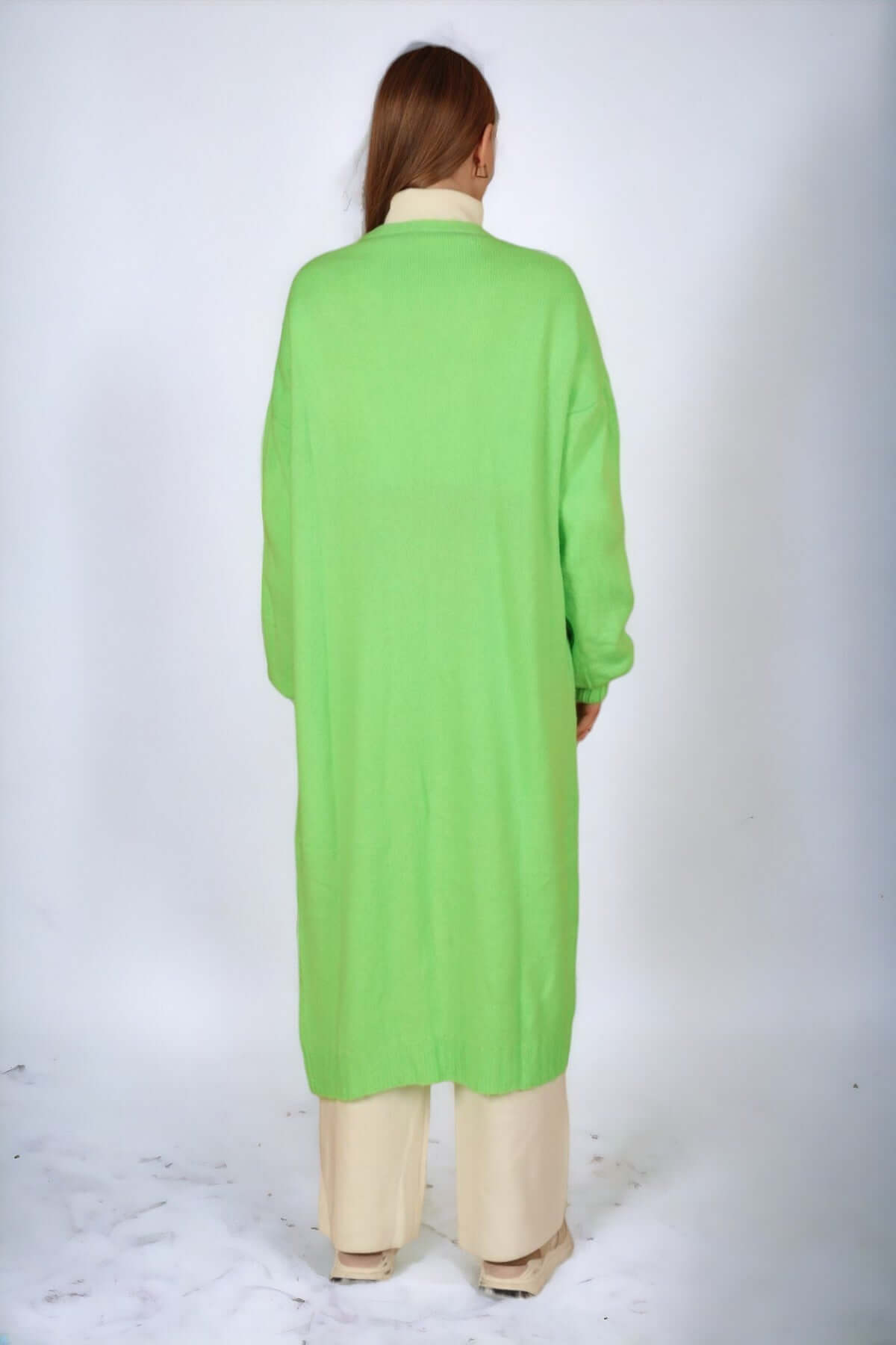 Knitwear Fabric Shawl Collar Long Cardigan-Neon Green