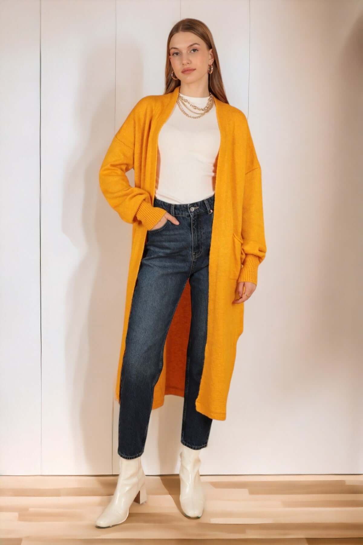 Knitwear Fabric Shawl Collar Long Cardigan-Mustard