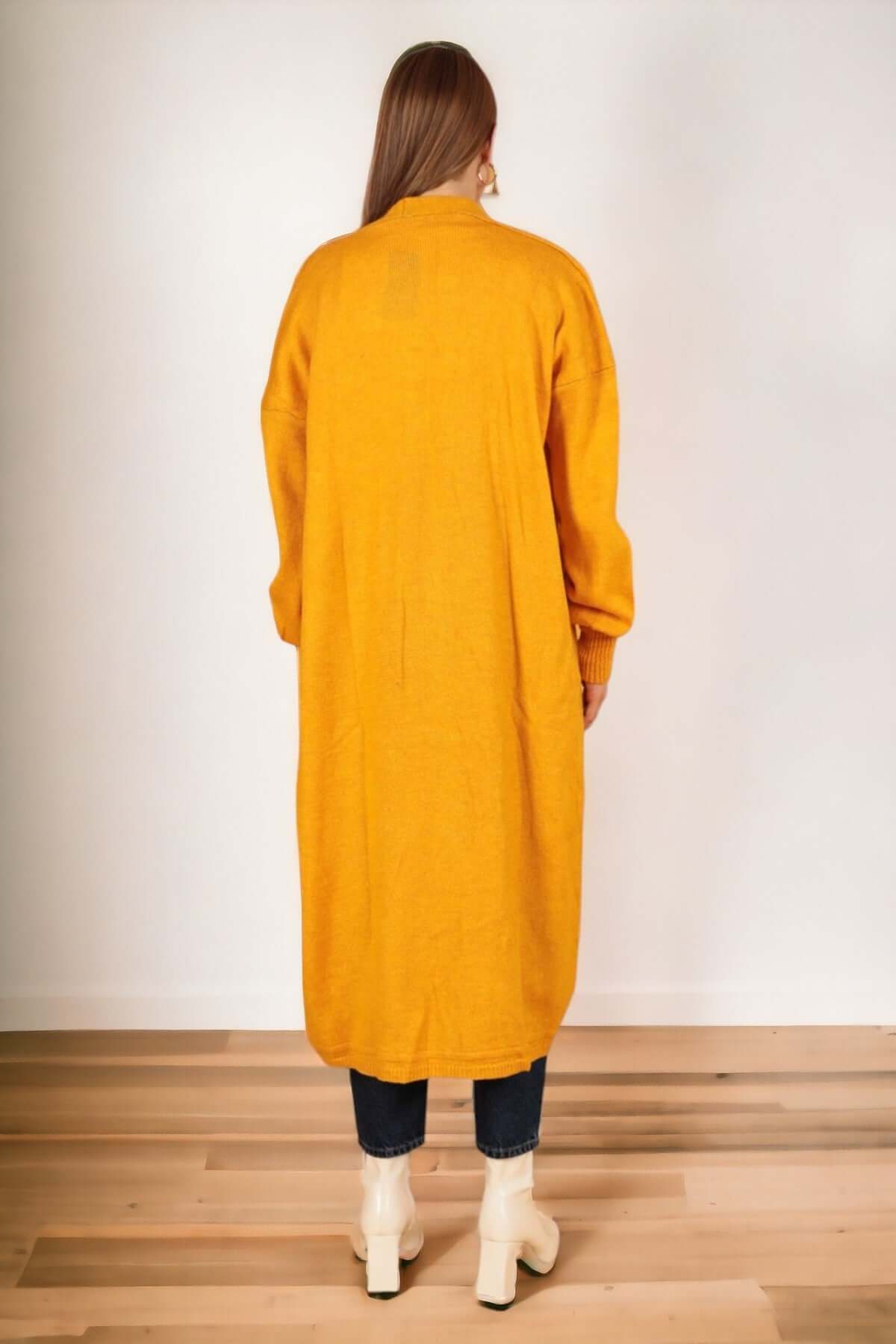 Knitwear Fabric Shawl Collar Long Cardigan-Mustard